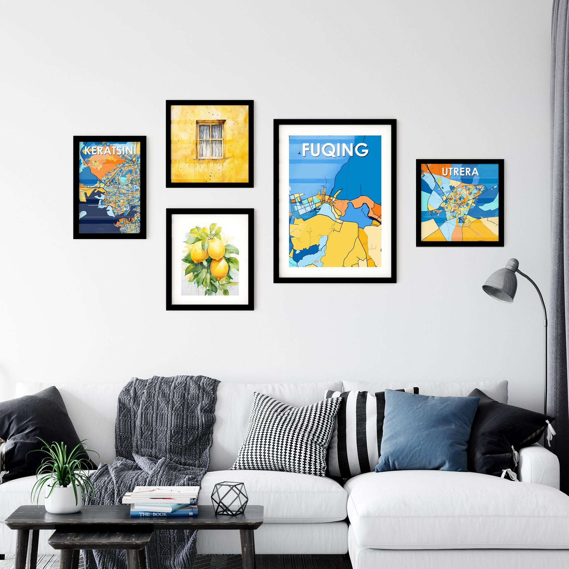 FUQING CHINA Vibrant Colorful Art Map Poster Blue Orange