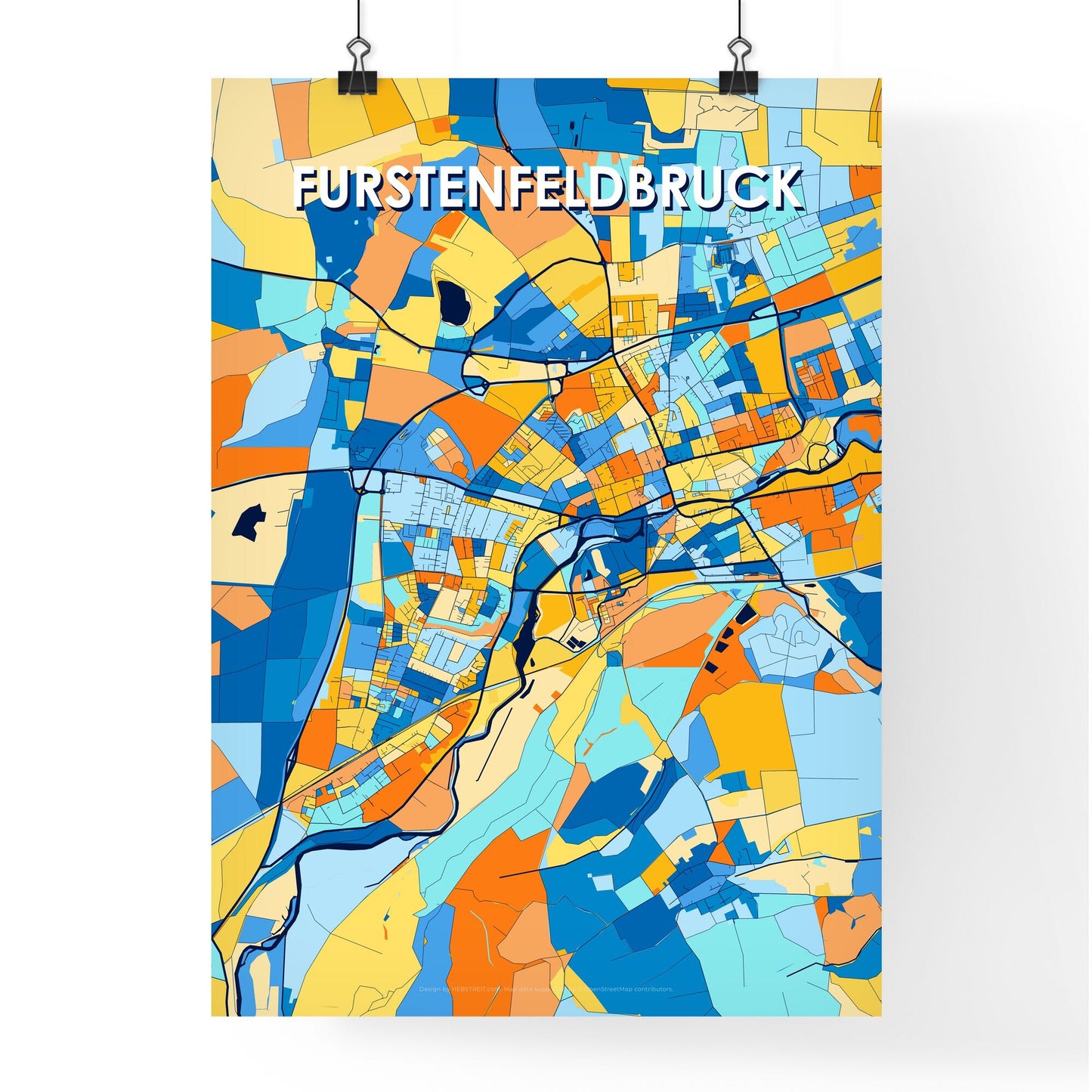 FURSTENFELDBRUCK GERMANY Vibrant Colorful Art Map Poster Blue Orange