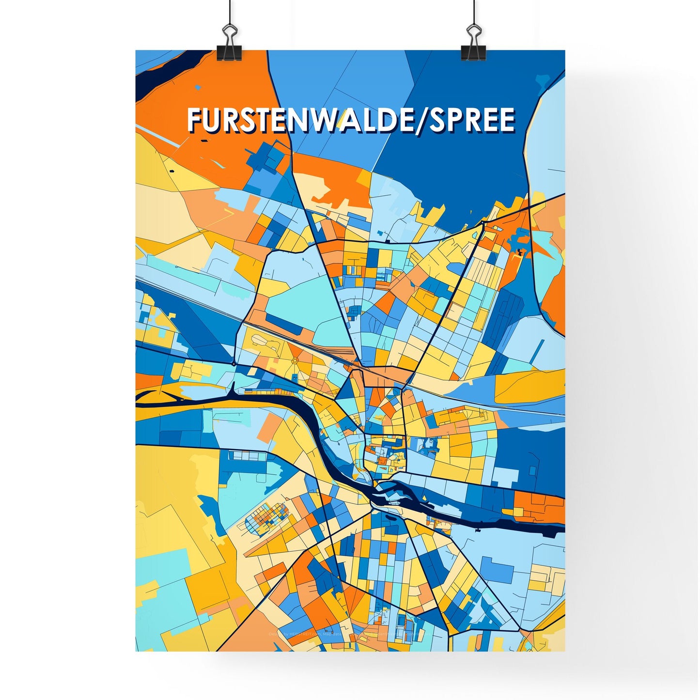 FURSTENWALDE/SPREE GERMANY Vibrant Colorful Art Map Poster Blue Orange