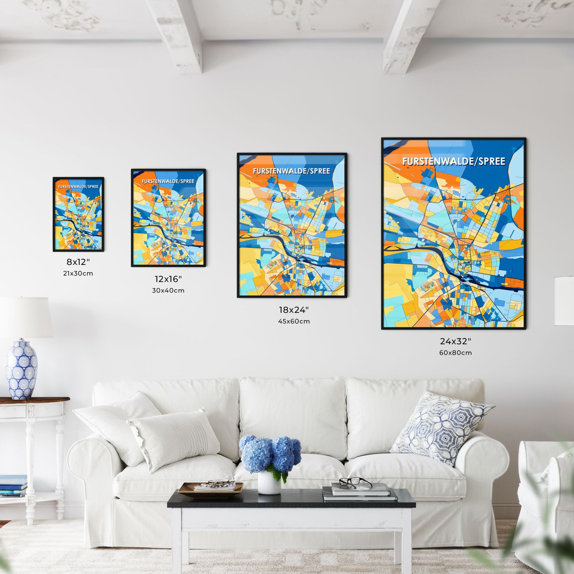 FURSTENWALDE/SPREE GERMANY Vibrant Colorful Art Map Poster Blue Orange