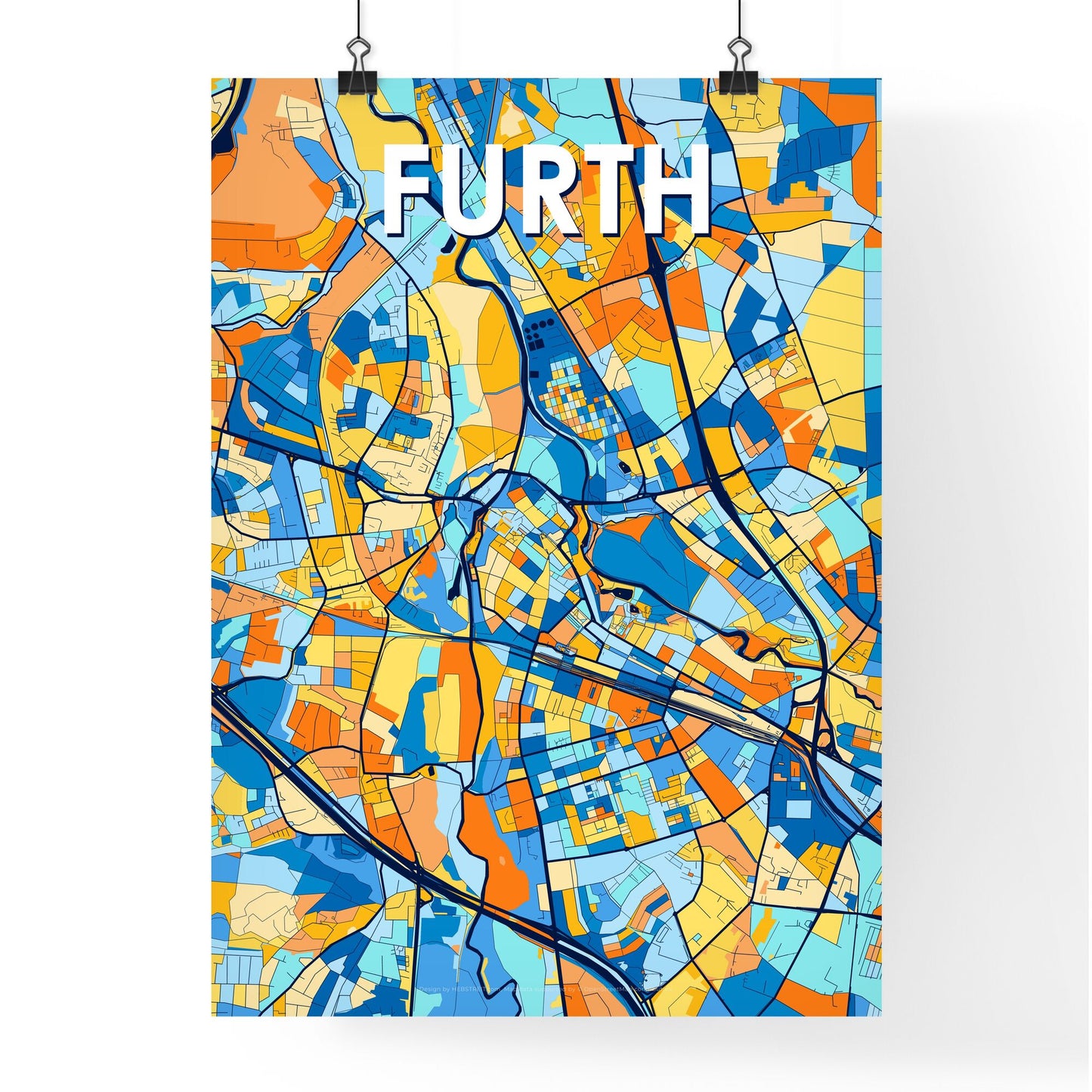 FURTH GERMANY Vibrant Colorful Art Map Poster Blue Orange