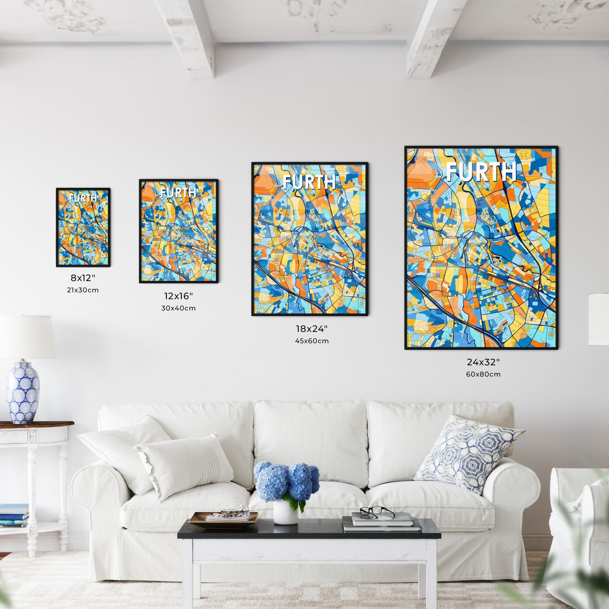 FURTH GERMANY Vibrant Colorful Art Map Poster Blue Orange