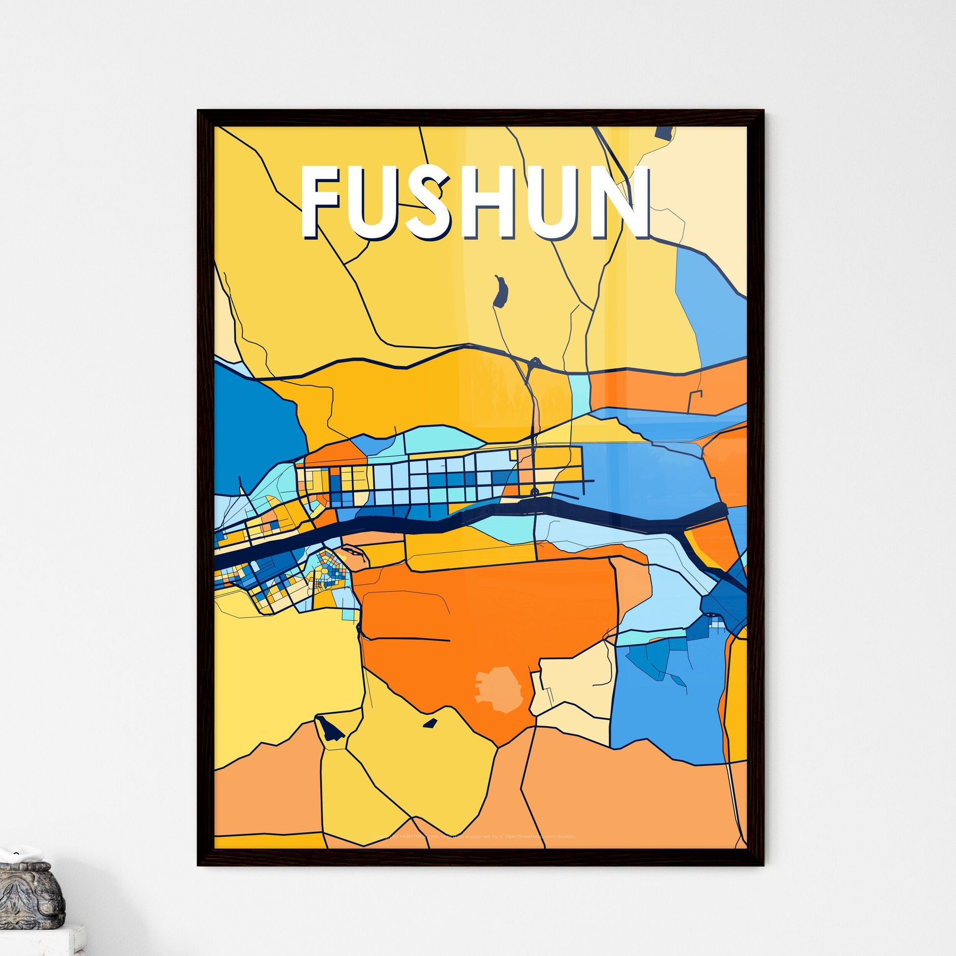 FUSHUN CHINA Vibrant Colorful Art Map Poster Blue Orange