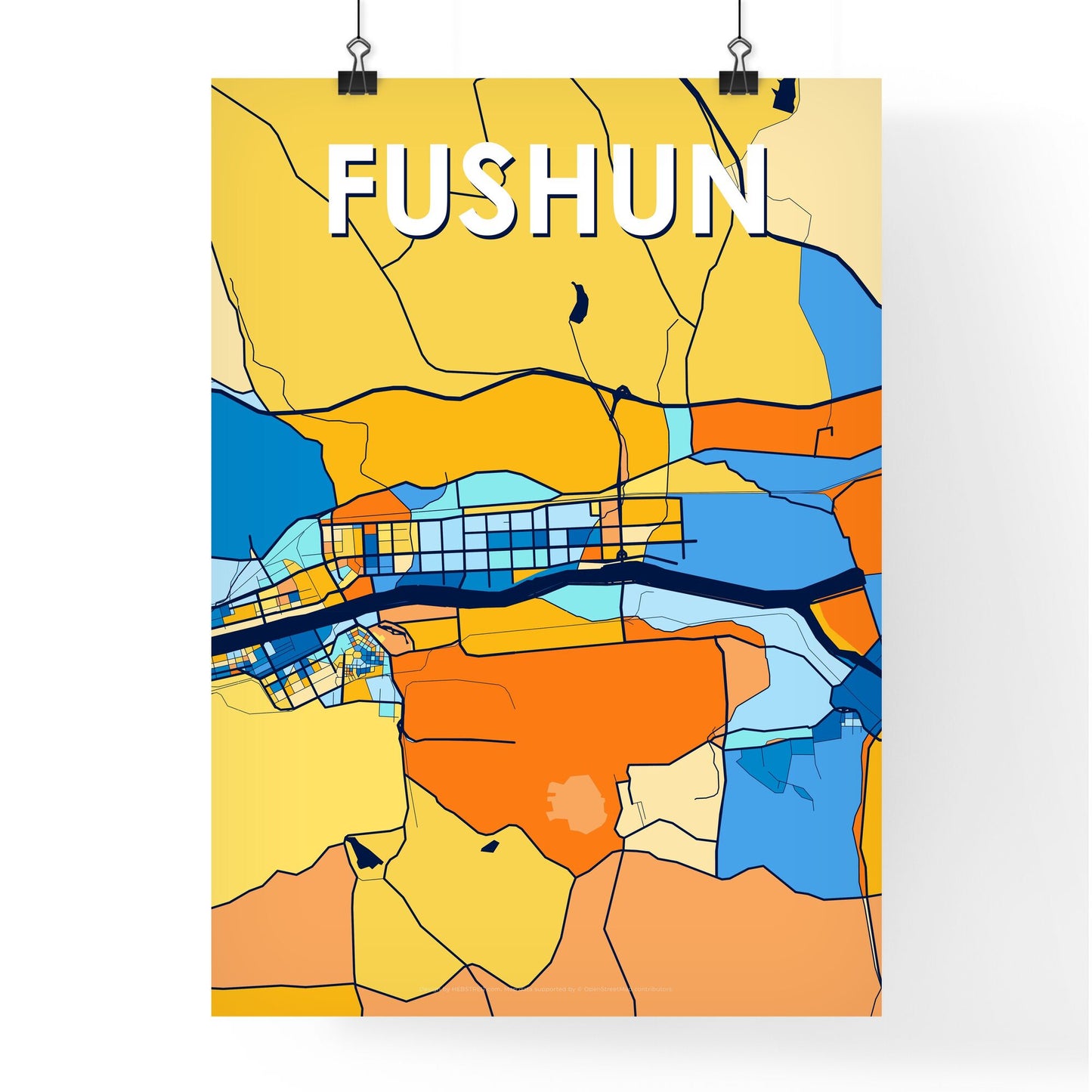 FUSHUN CHINA Vibrant Colorful Art Map Poster Blue Orange