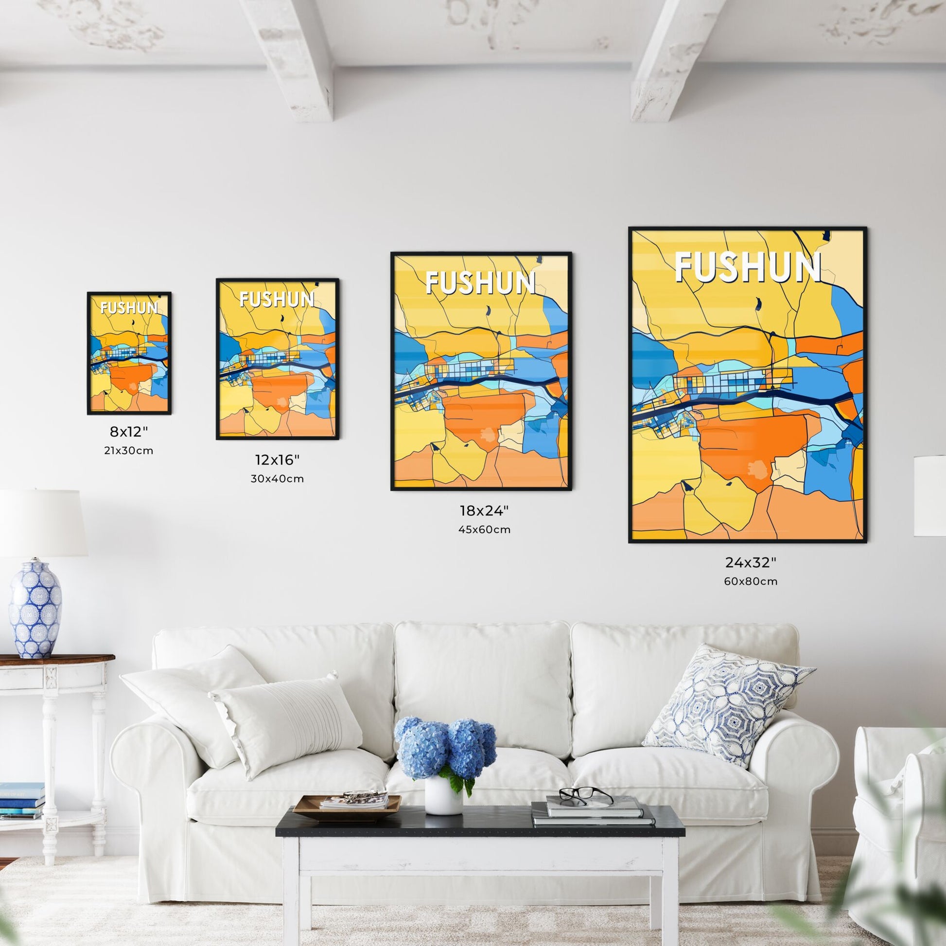 FUSHUN CHINA Vibrant Colorful Art Map Poster Blue Orange