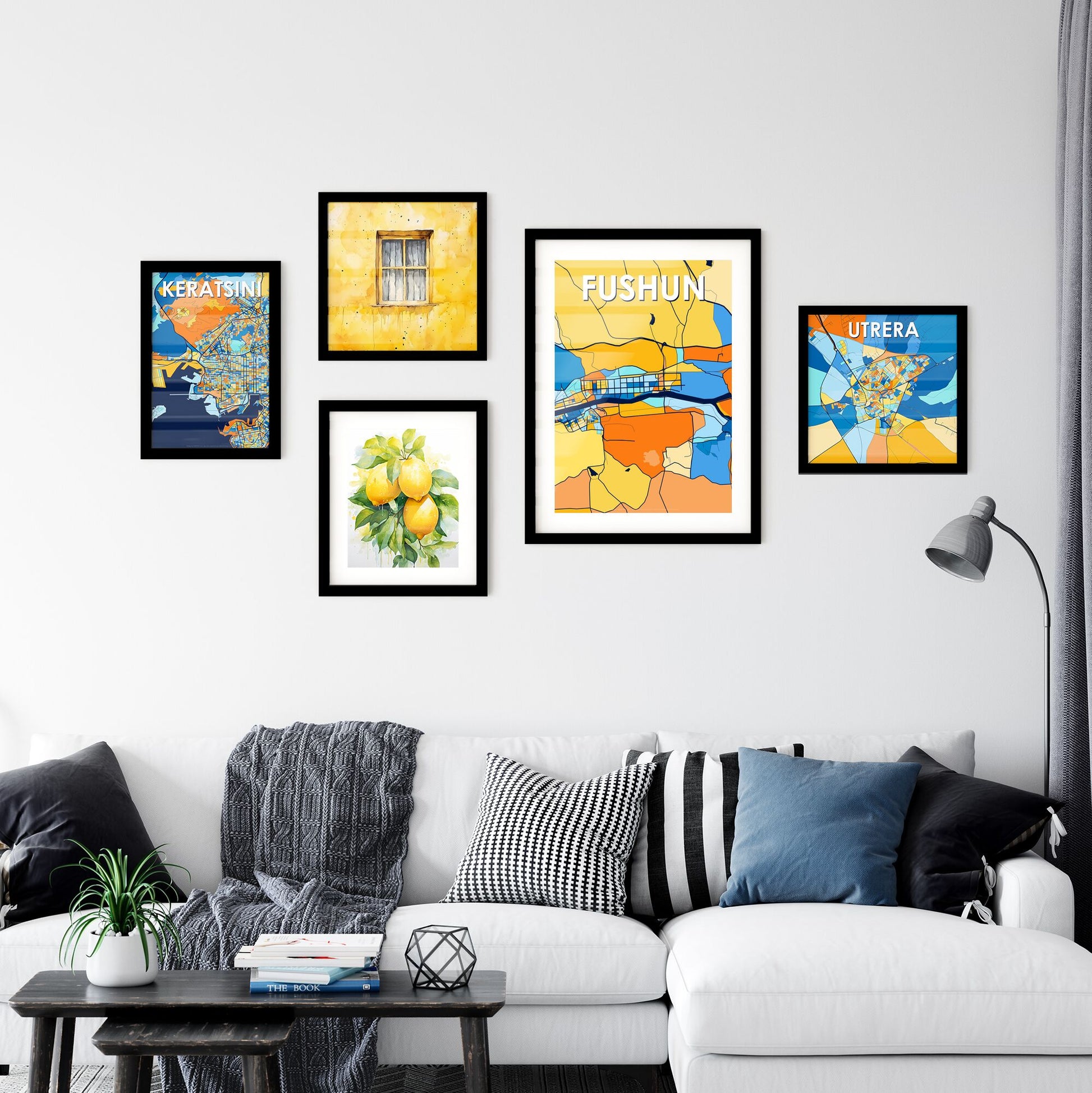 FUSHUN CHINA Vibrant Colorful Art Map Poster Blue Orange