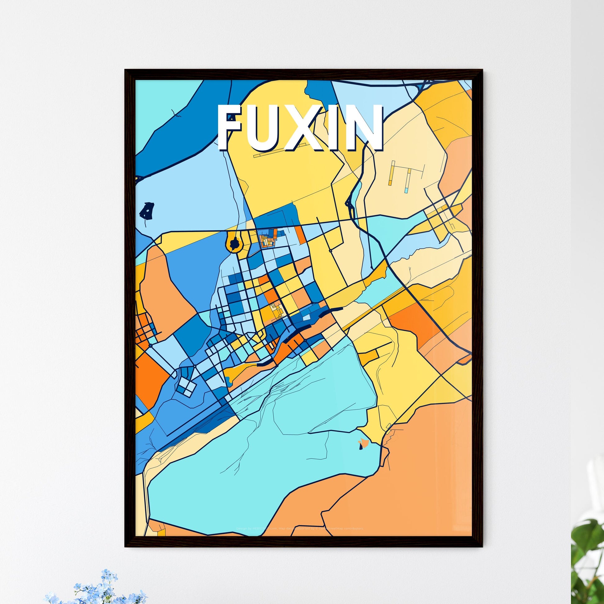 FUXIN CHINA Vibrant Colorful Art Map Poster Blue Orange