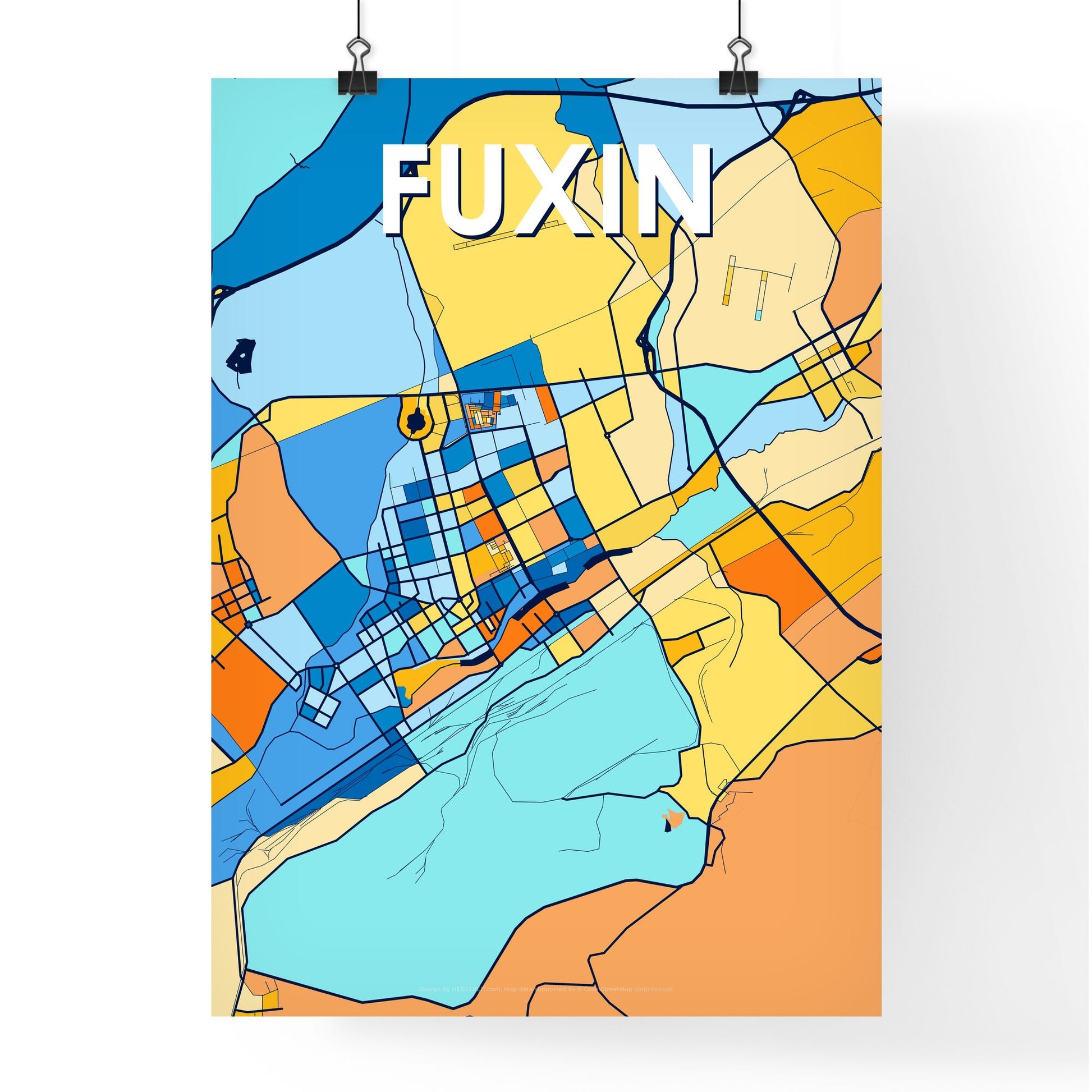 FUXIN CHINA Vibrant Colorful Art Map Poster Blue Orange