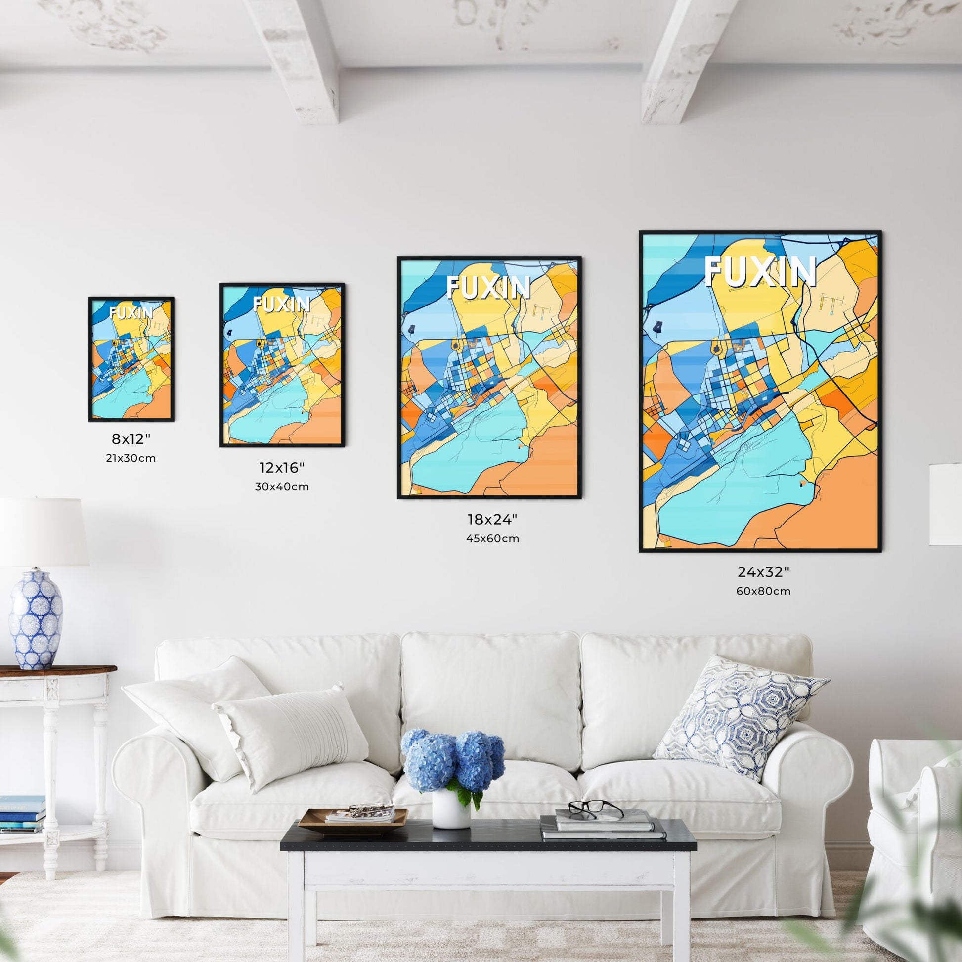 FUXIN CHINA Vibrant Colorful Art Map Poster Blue Orange