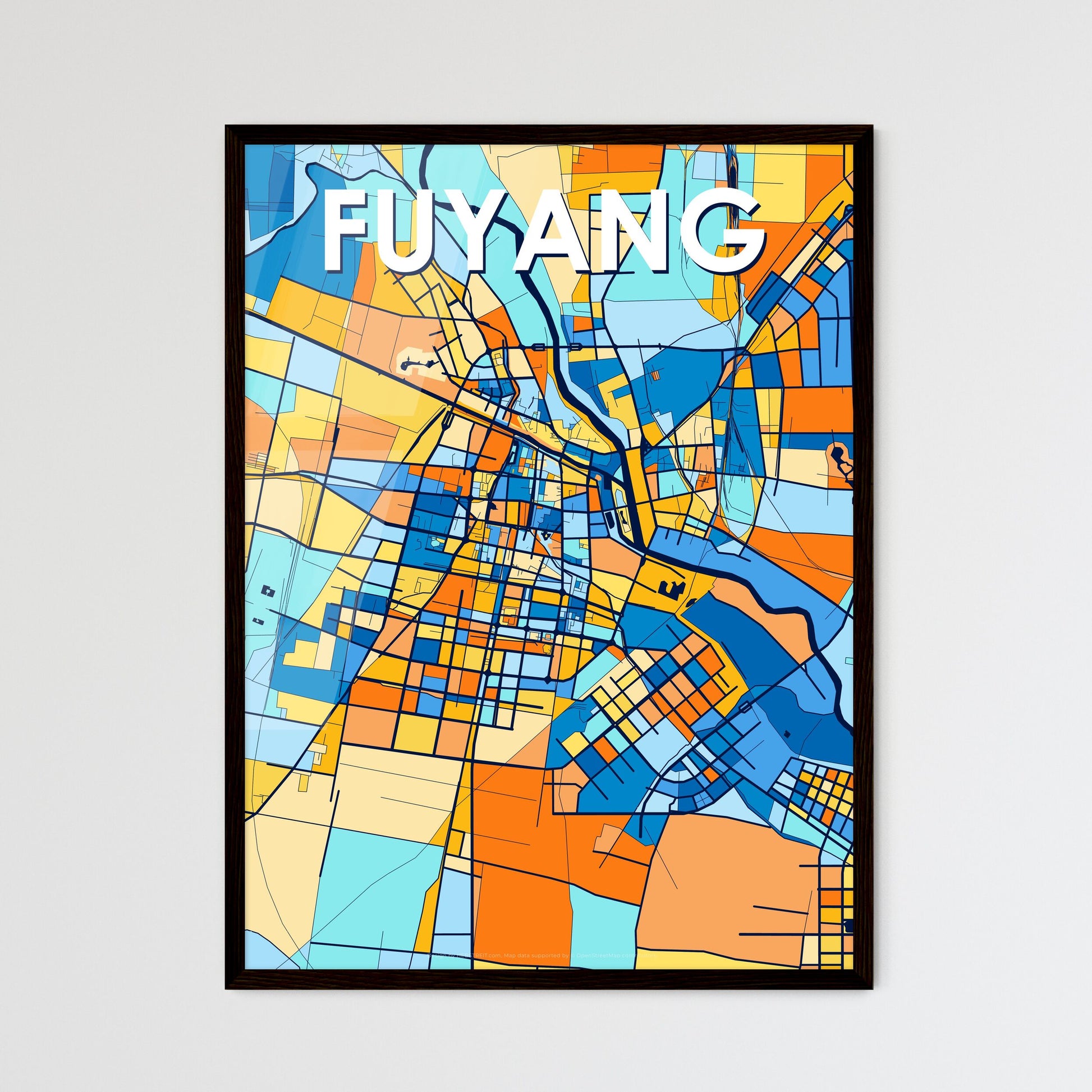 FUYANG CHINA Vibrant Colorful Art Map Poster Blue Orange