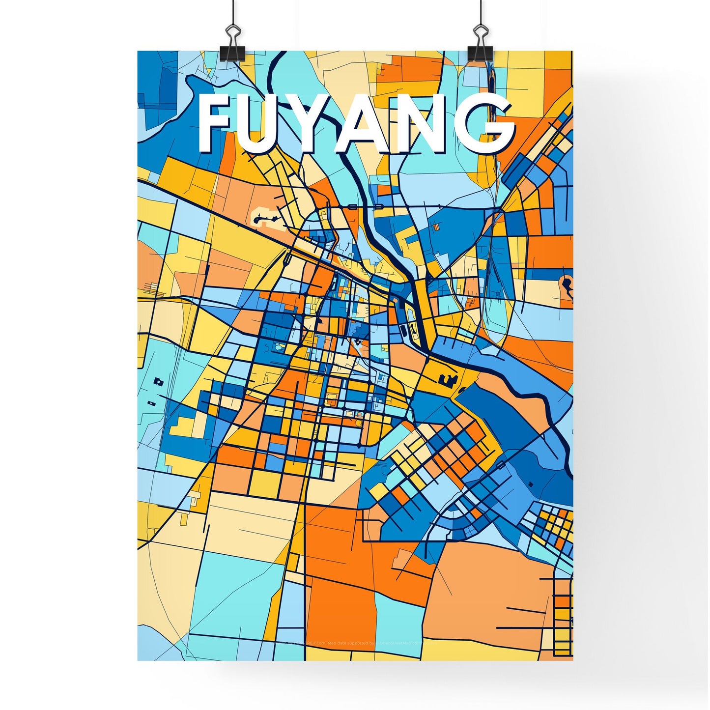 FUYANG CHINA Vibrant Colorful Art Map Poster Blue Orange