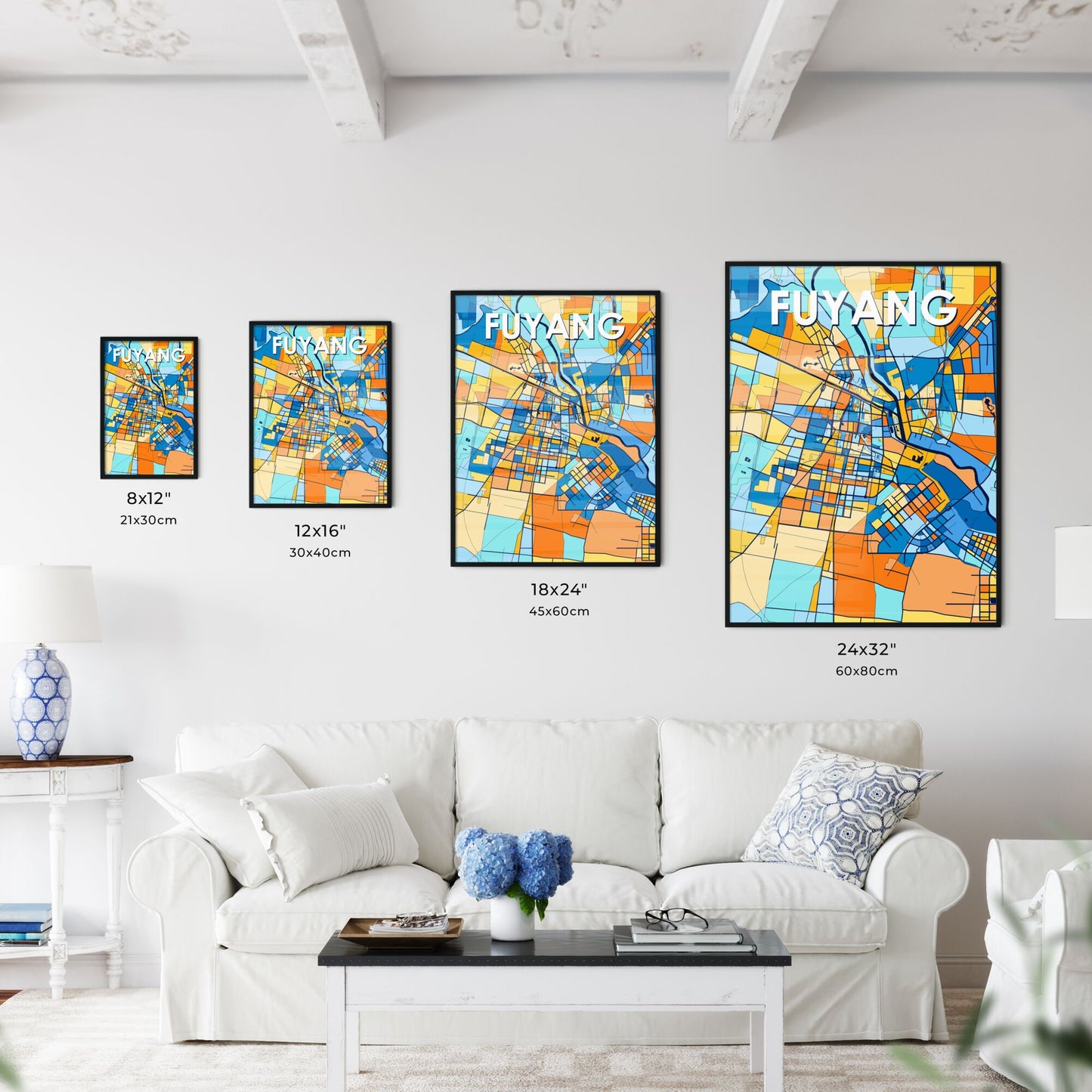 FUYANG CHINA Vibrant Colorful Art Map Poster Blue Orange