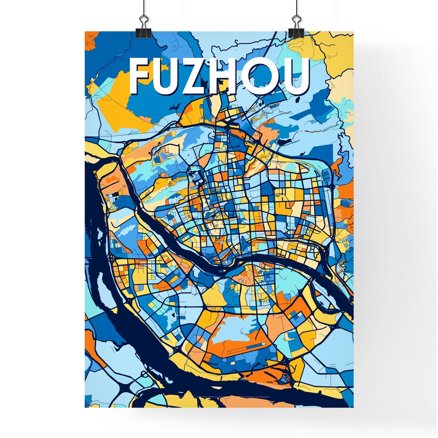 FUZHOU CHINA Vibrant Colorful Art Map Poster Blue Orange