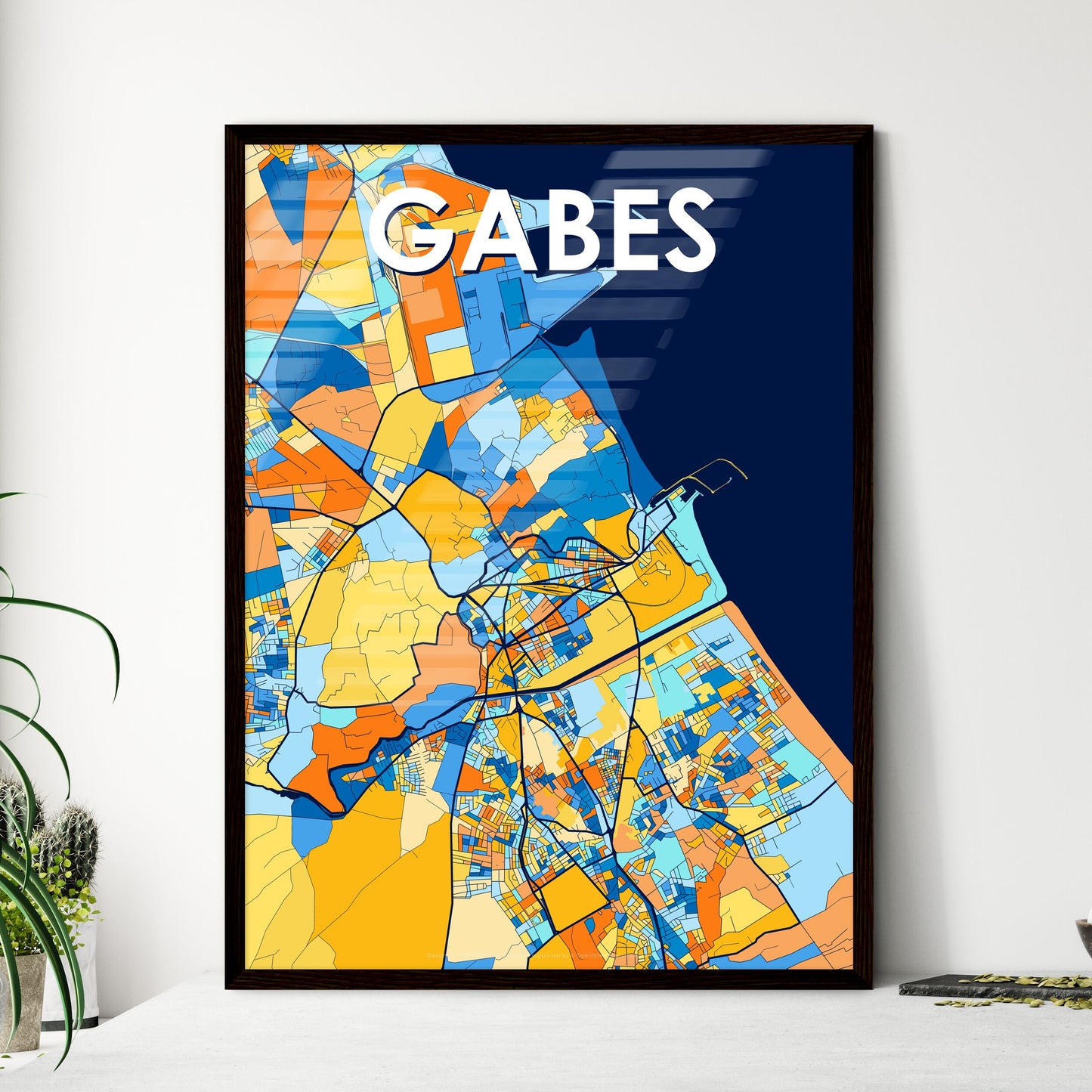 GABES TUNISIA Vibrant Colorful Art Map Poster Blue Orange