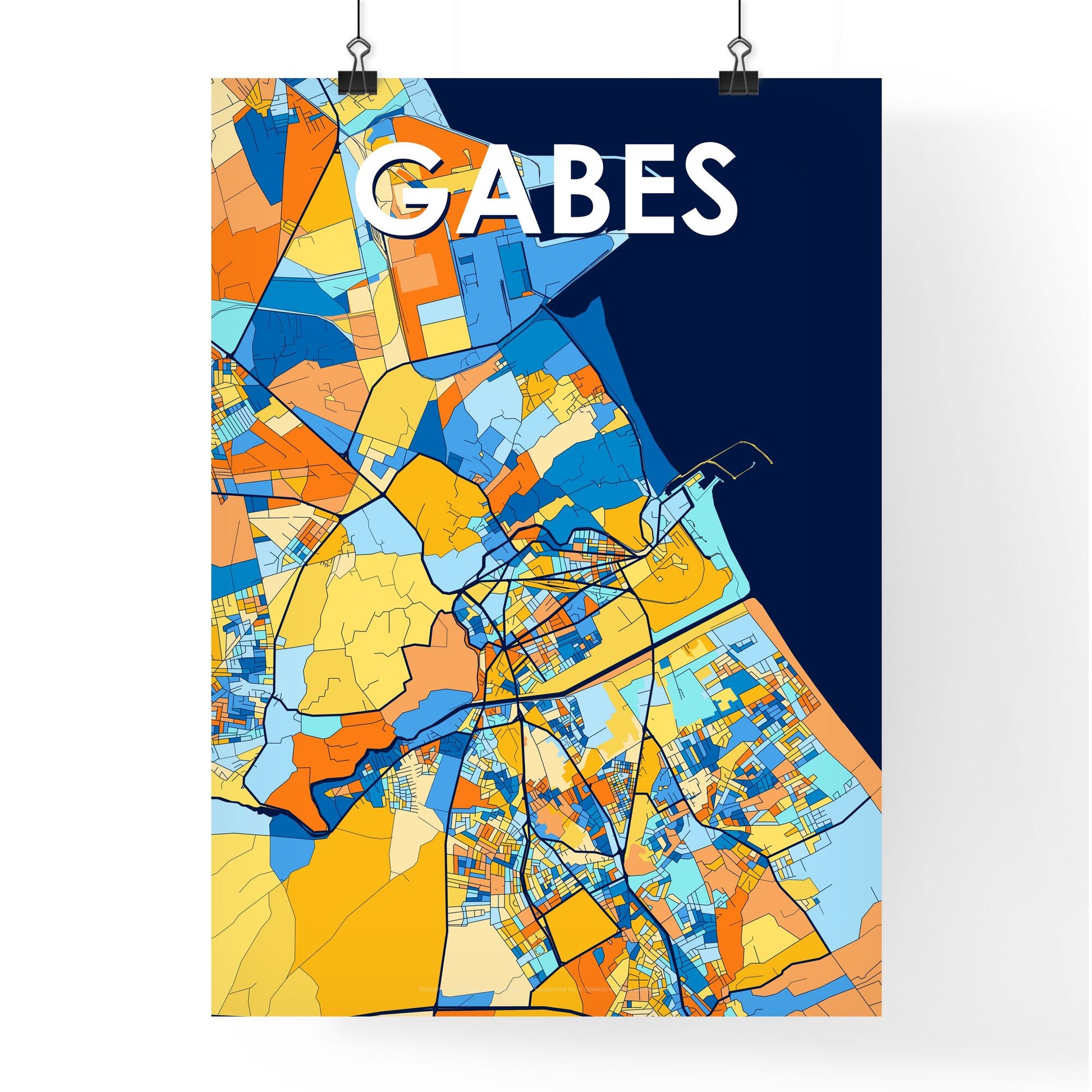 GABES TUNISIA Vibrant Colorful Art Map Poster Blue Orange