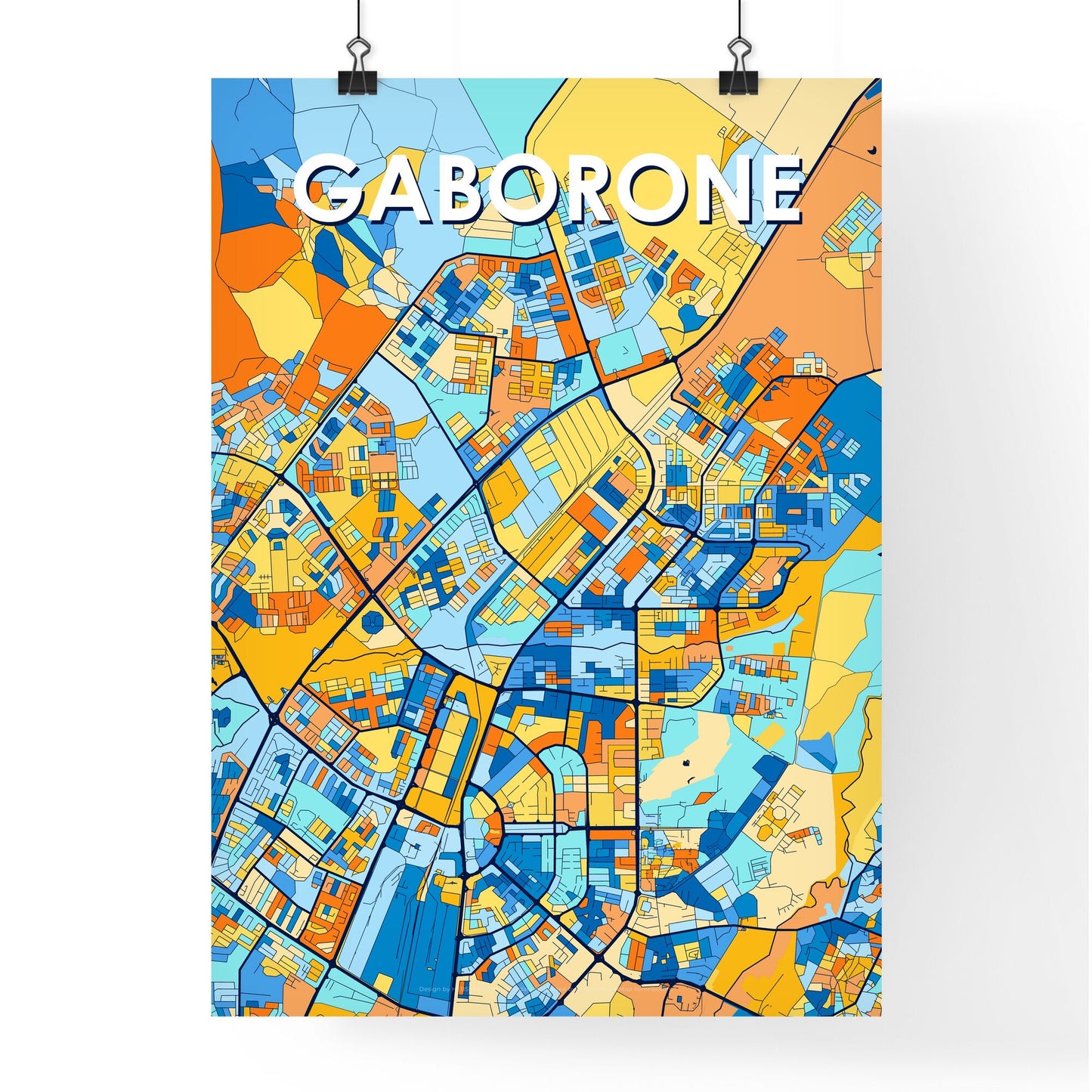 GABORONE BOTSWANA Vibrant Colorful Art Map Poster Blue Orange