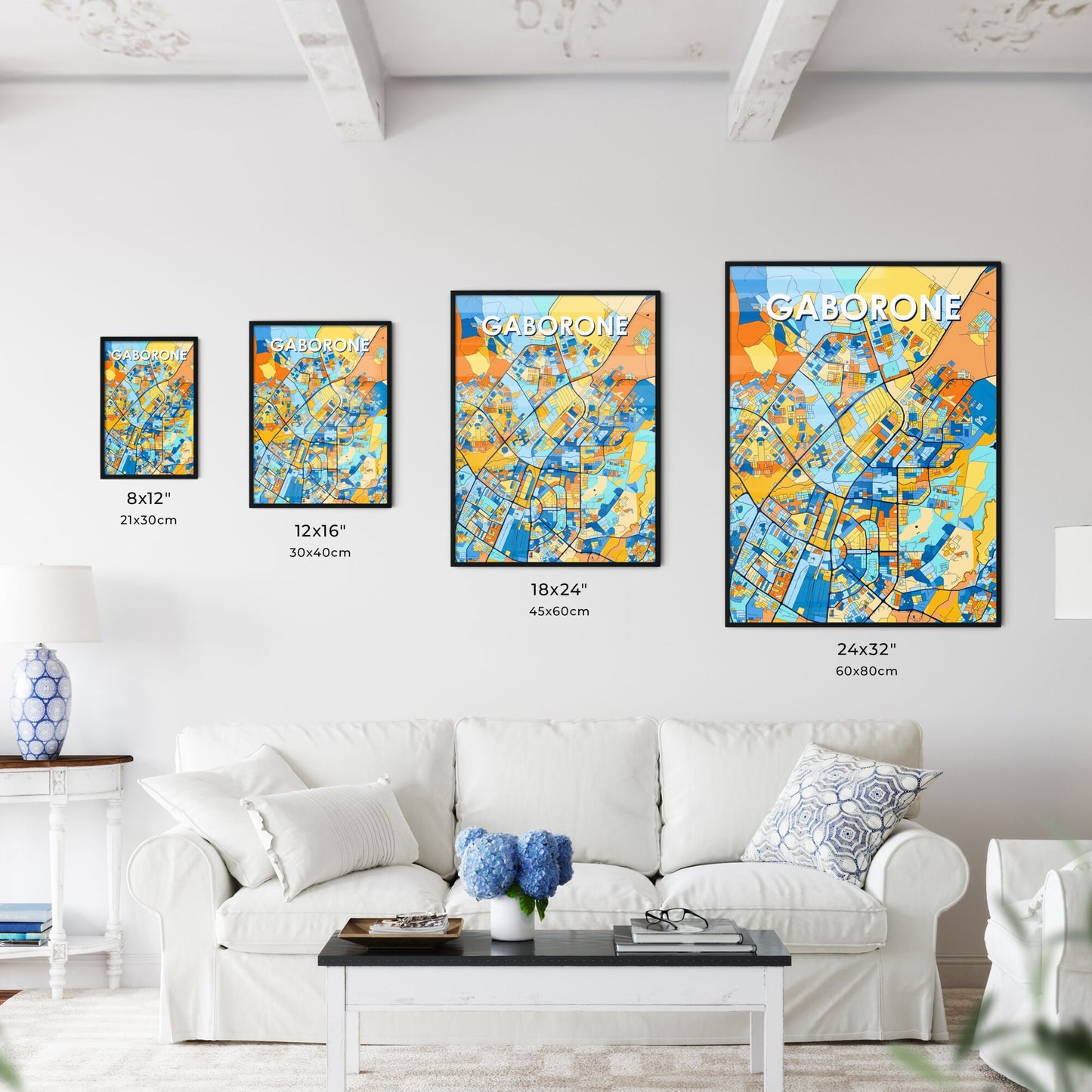 GABORONE BOTSWANA Vibrant Colorful Art Map Poster Blue Orange