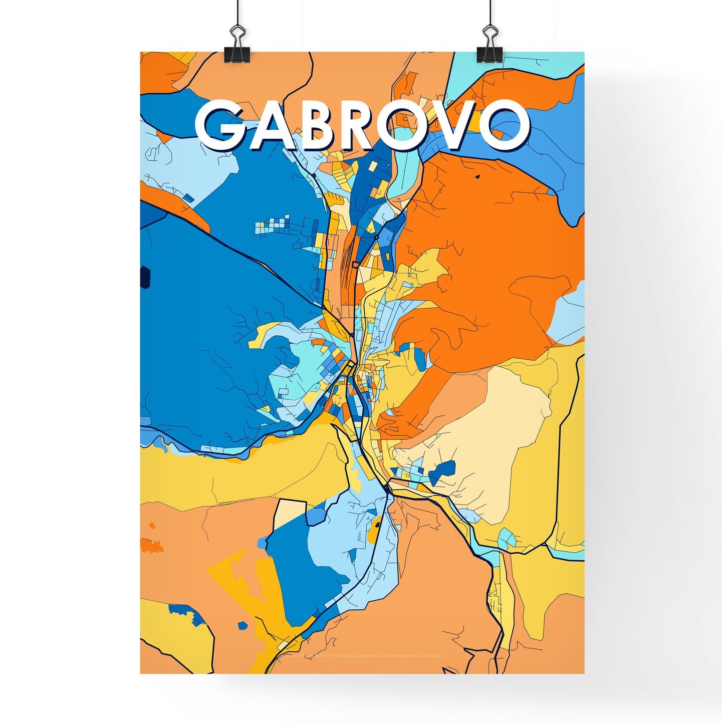 GABROVO BULGARIA Vibrant Colorful Art Map Poster Blue Orange