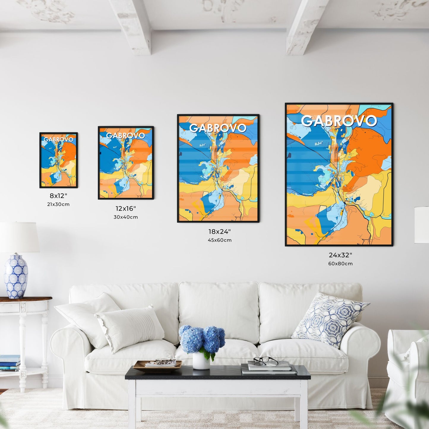 GABROVO BULGARIA Vibrant Colorful Art Map Poster Blue Orange