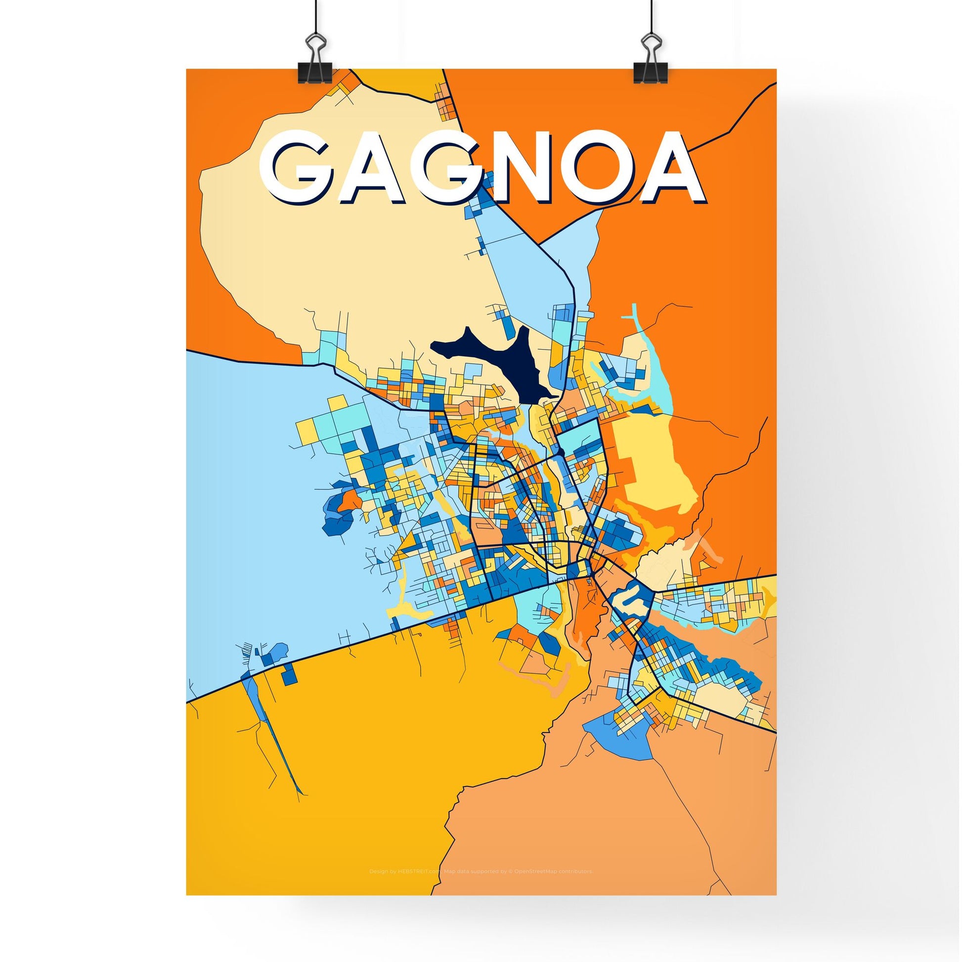 GAGNOA IVORY COAST Vibrant Colorful Art Map Poster Blue Orange