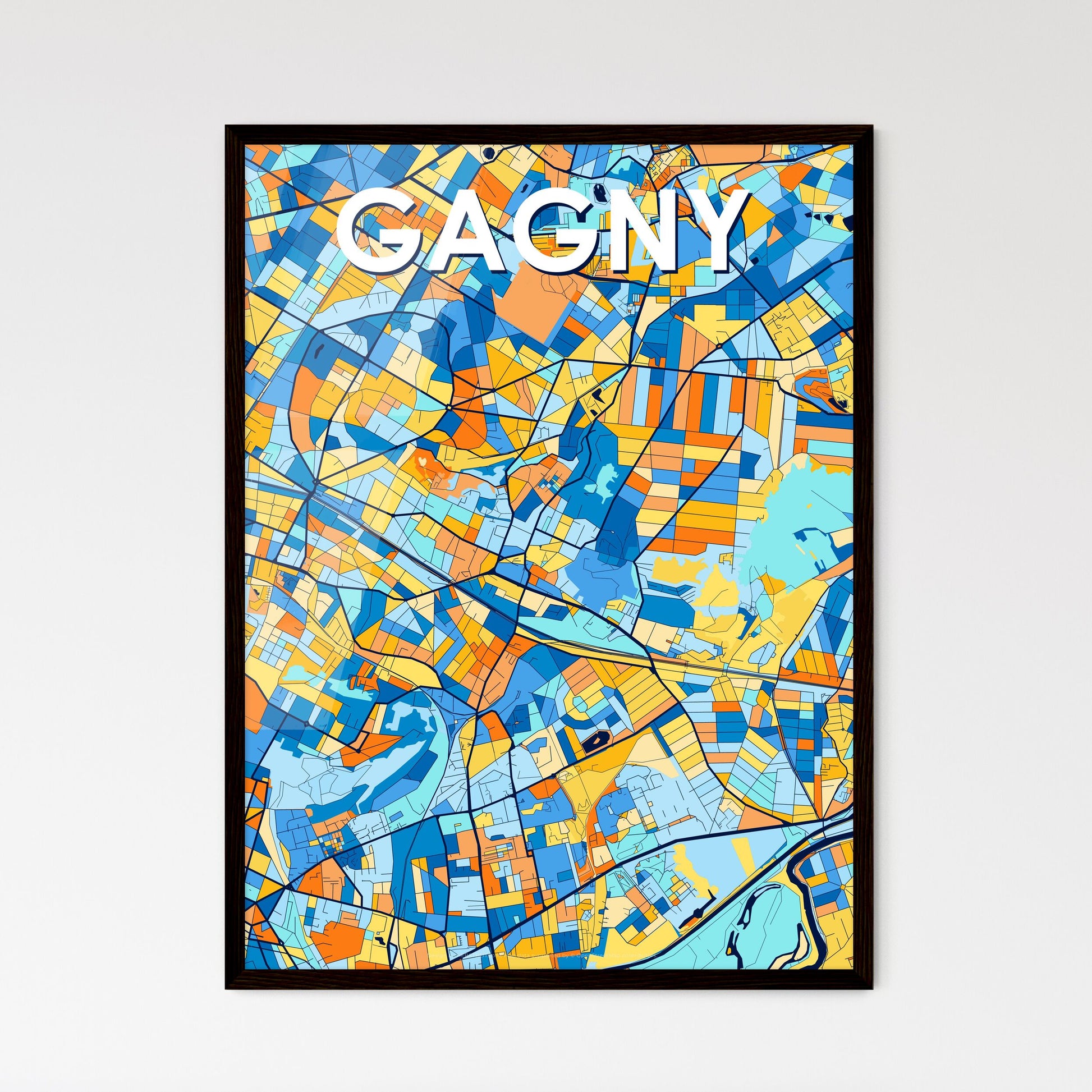 GAGNY FRANCE Vibrant Colorful Art Map Poster Blue Orange