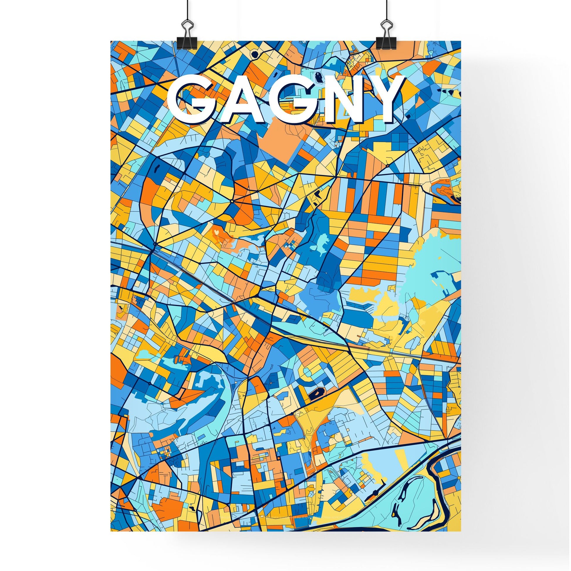 GAGNY FRANCE Vibrant Colorful Art Map Poster Blue Orange