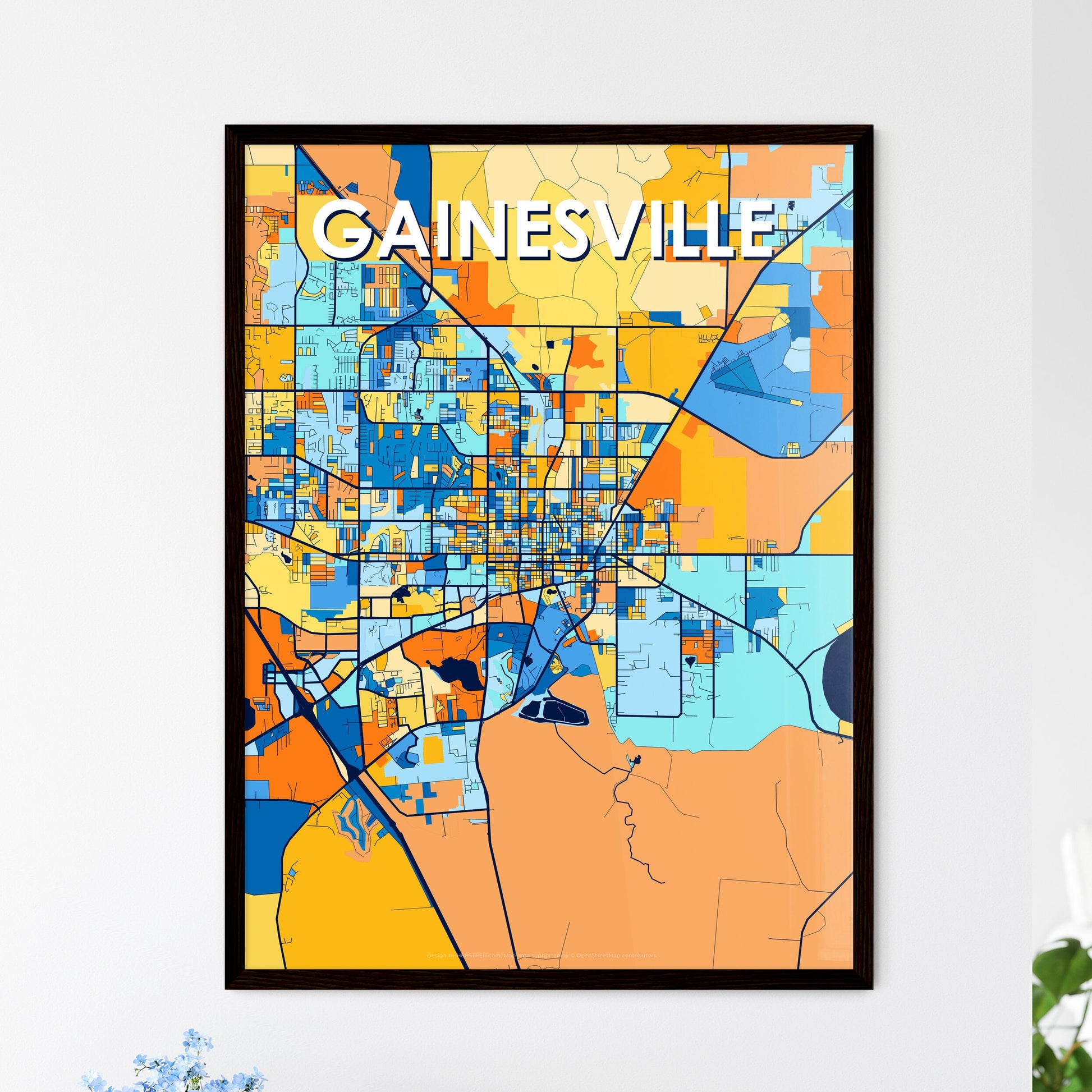 GAINESVILLE FLORIDA Vibrant Colorful Art Map Poster Blue Orange