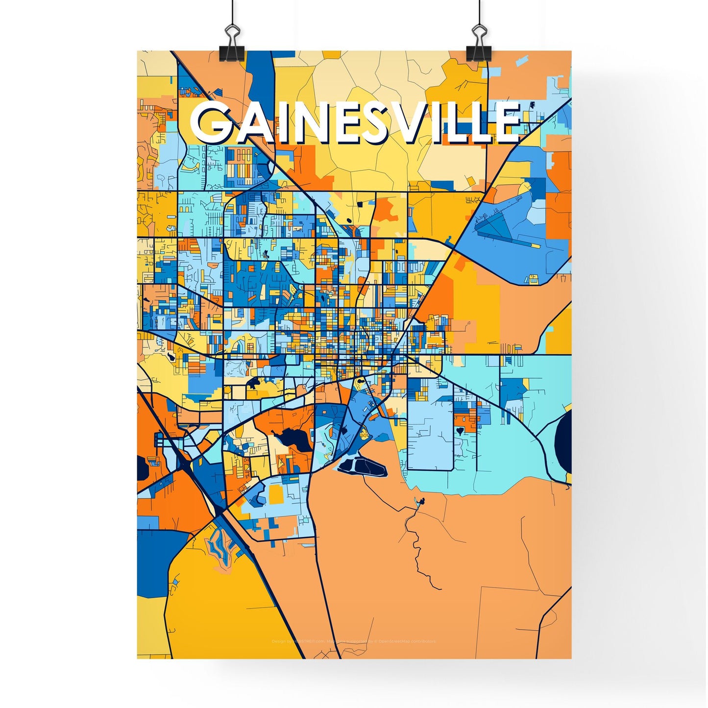 GAINESVILLE FLORIDA Vibrant Colorful Art Map Poster Blue Orange