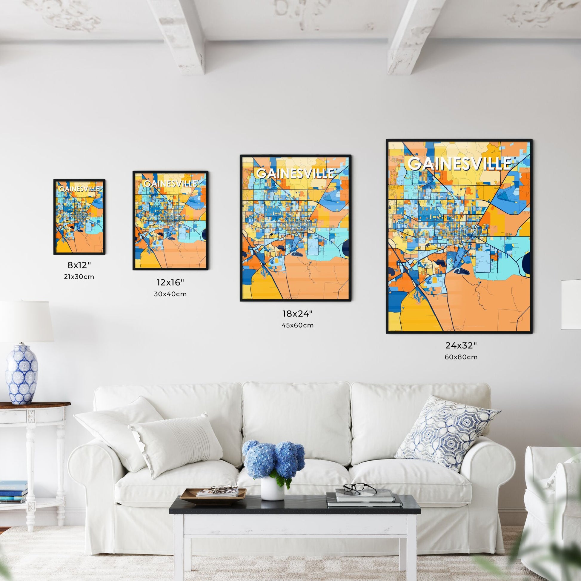 GAINESVILLE FLORIDA Vibrant Colorful Art Map Poster Blue Orange