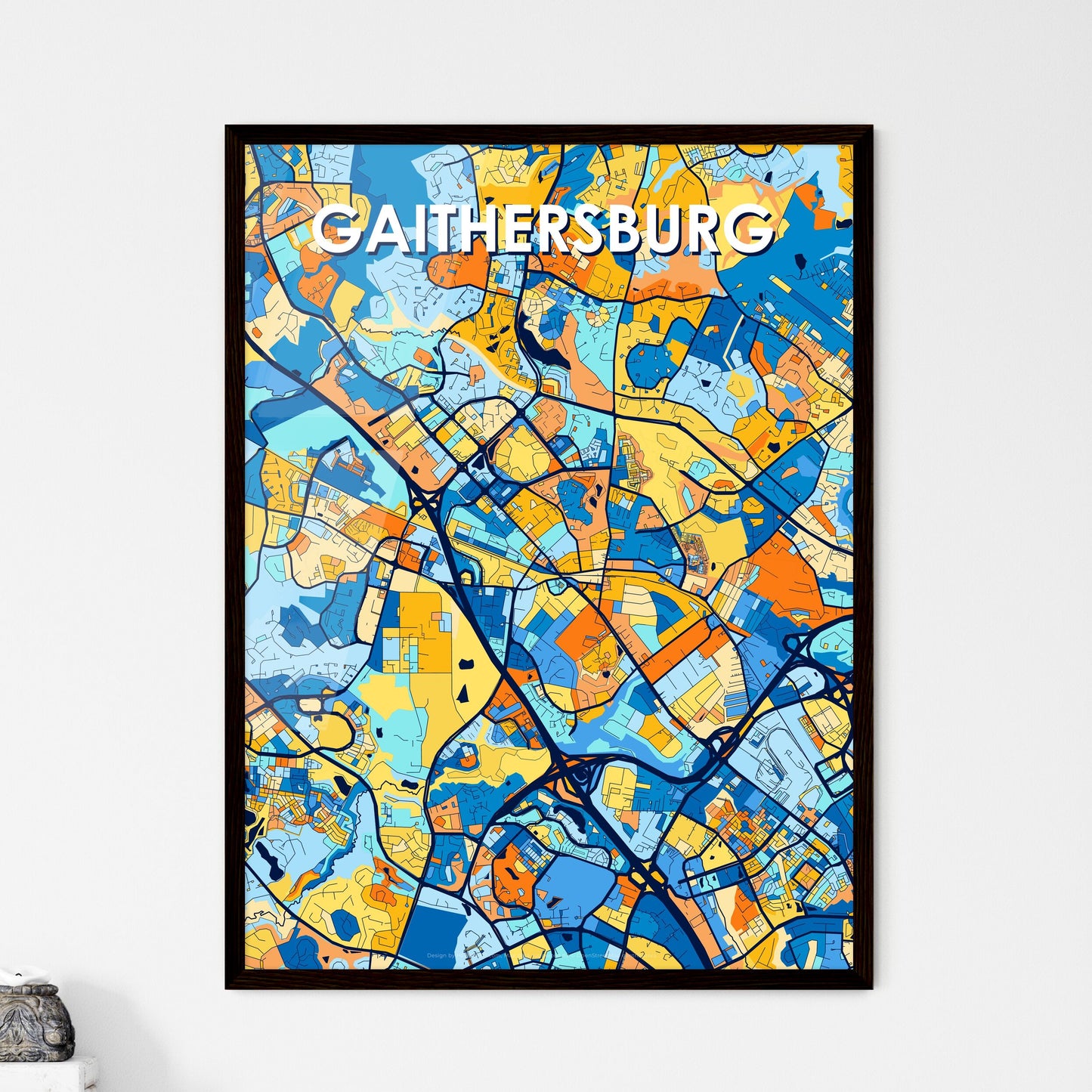 GAITHERSBURG MARYLAND Vibrant Colorful Art Map Poster Blue Orange