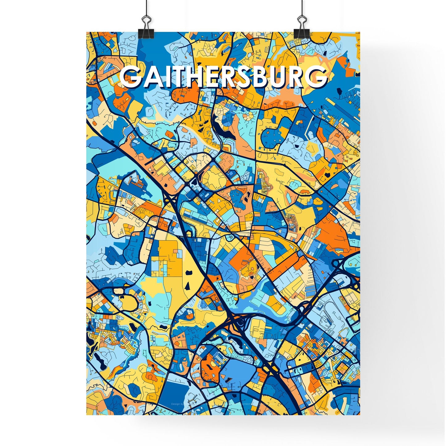 GAITHERSBURG MARYLAND Vibrant Colorful Art Map Poster Blue Orange