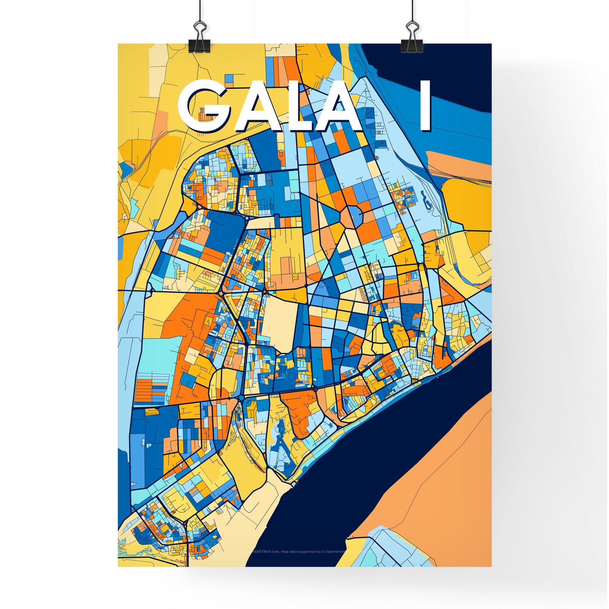 GALAȚI ROMANIA Vibrant Colorful Art Map Poster Blue Orange