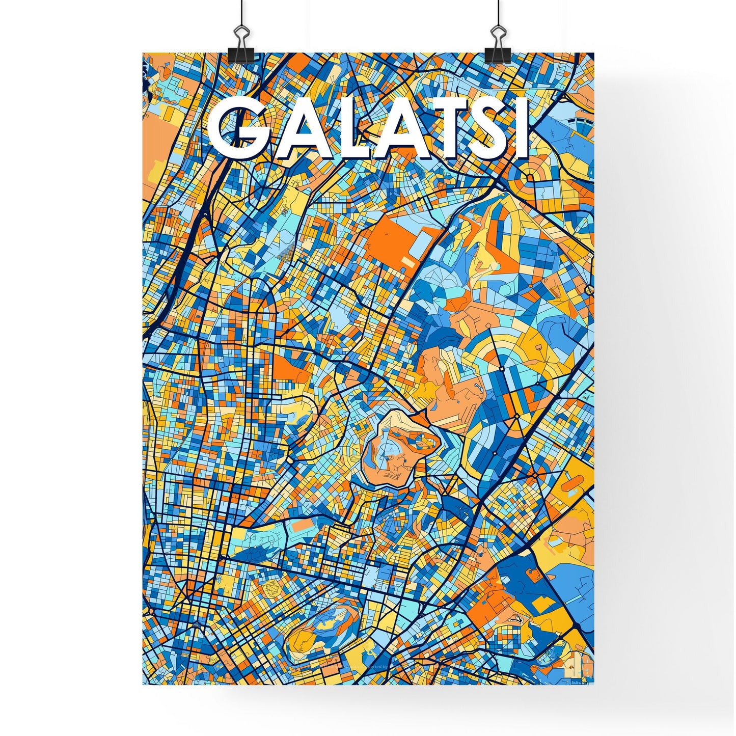 GALATSI GREECE Vibrant Colorful Art Map Poster Blue Orange