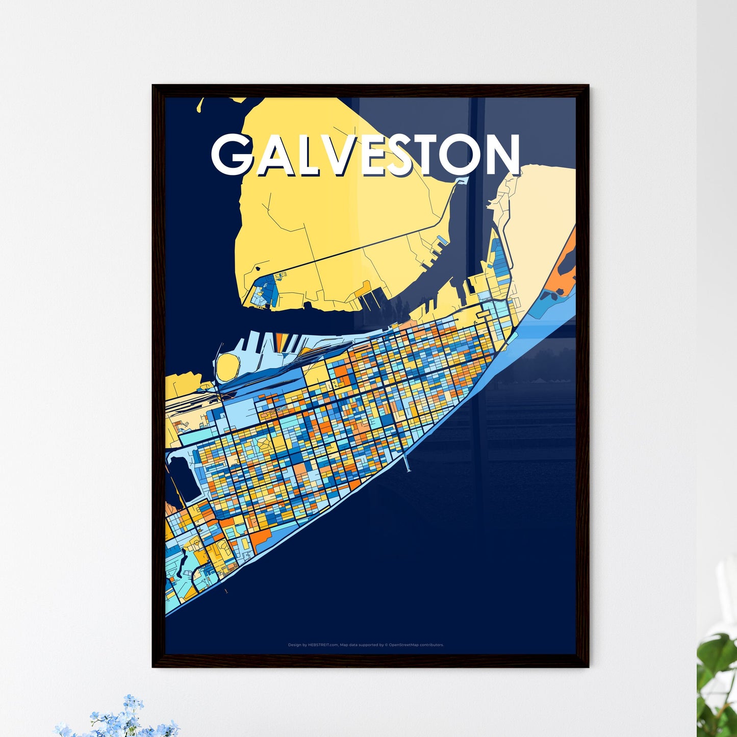 GALVESTON TEXAS Vibrant Colorful Art Map Poster Blue Orange