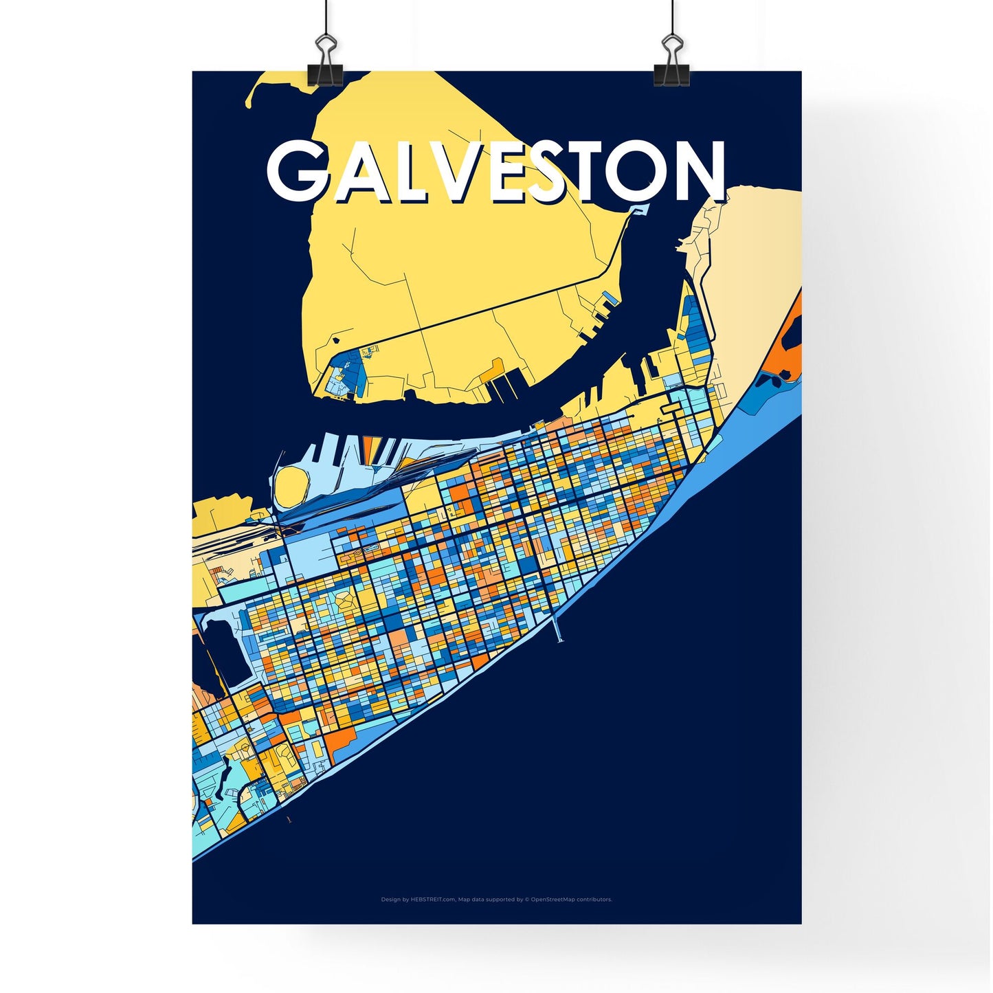 GALVESTON TEXAS Vibrant Colorful Art Map Poster Blue Orange