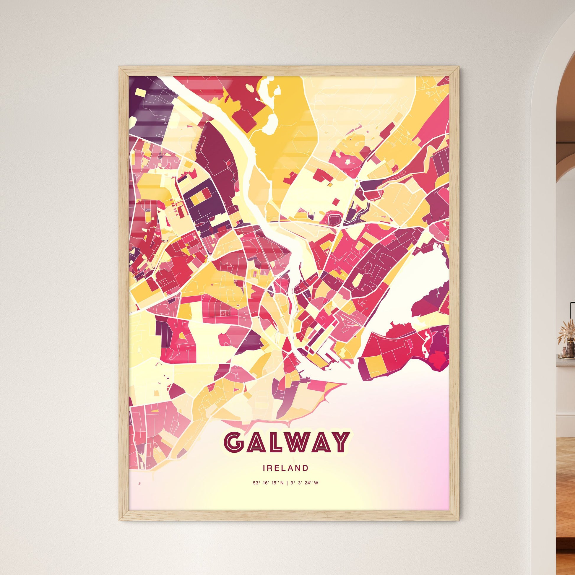 Colorful Galway Ireland Fine Art Map Hot Red