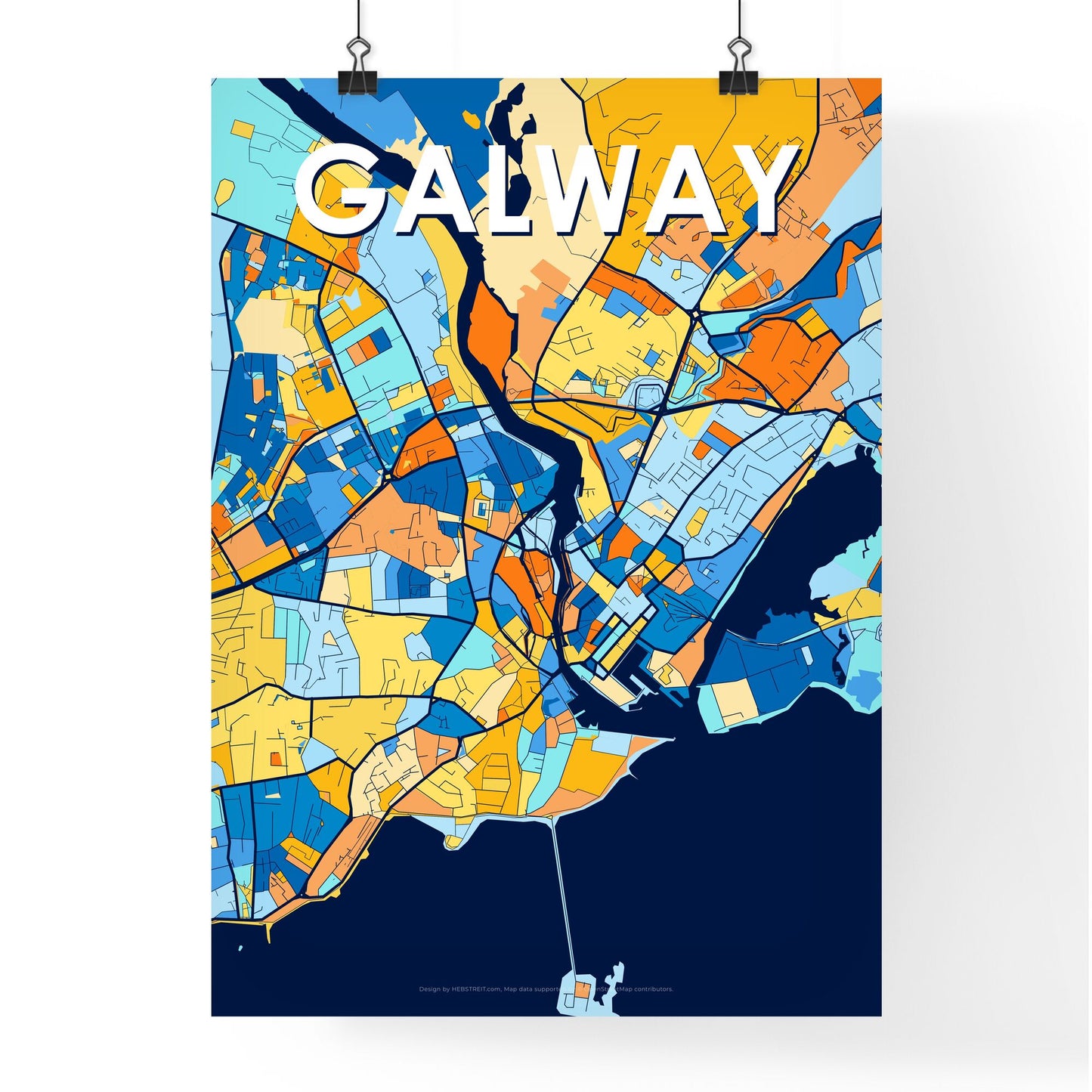 GALWAY IRELAND Vibrant Colorful Art Map Poster Blue Orange