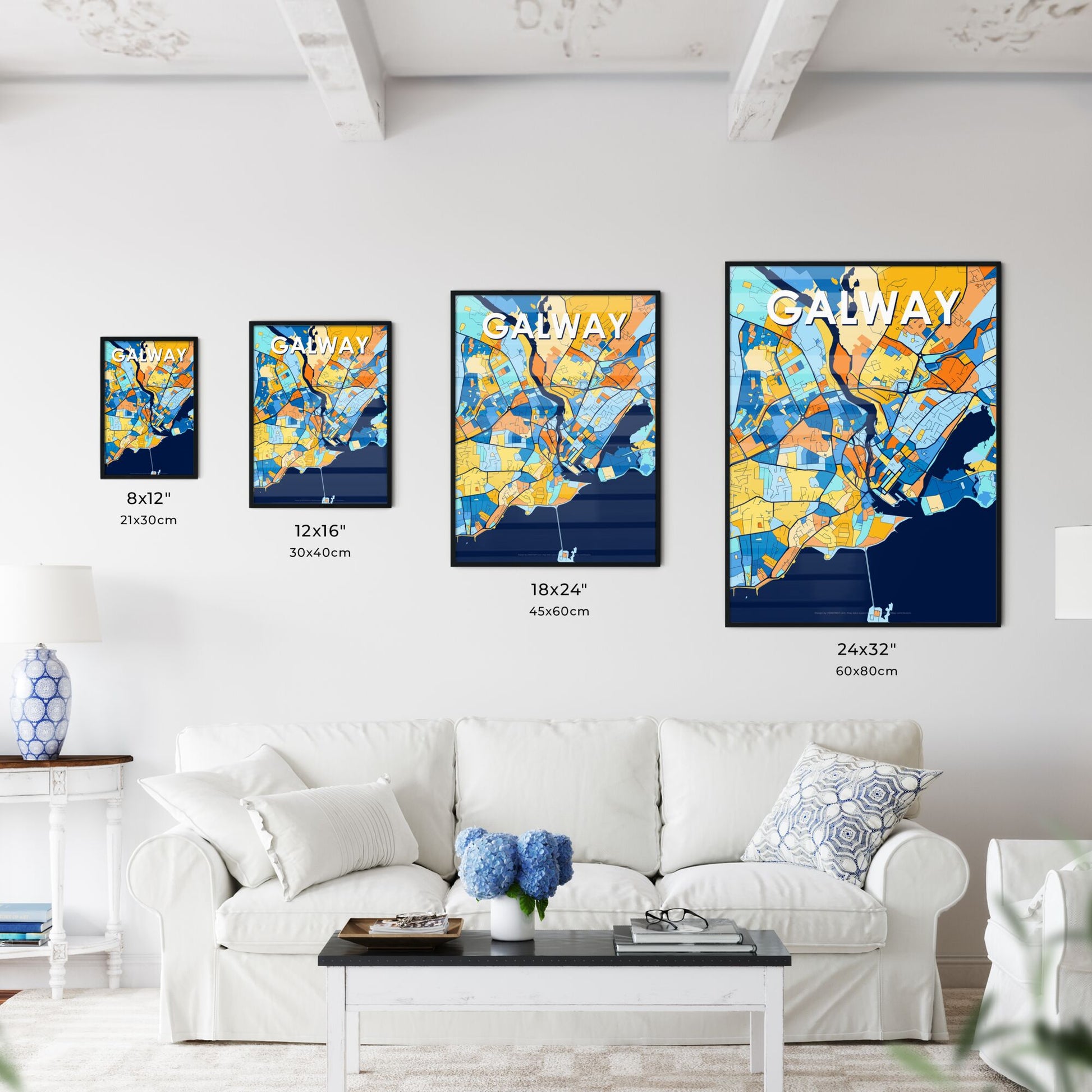 GALWAY IRELAND Vibrant Colorful Art Map Poster Blue Orange