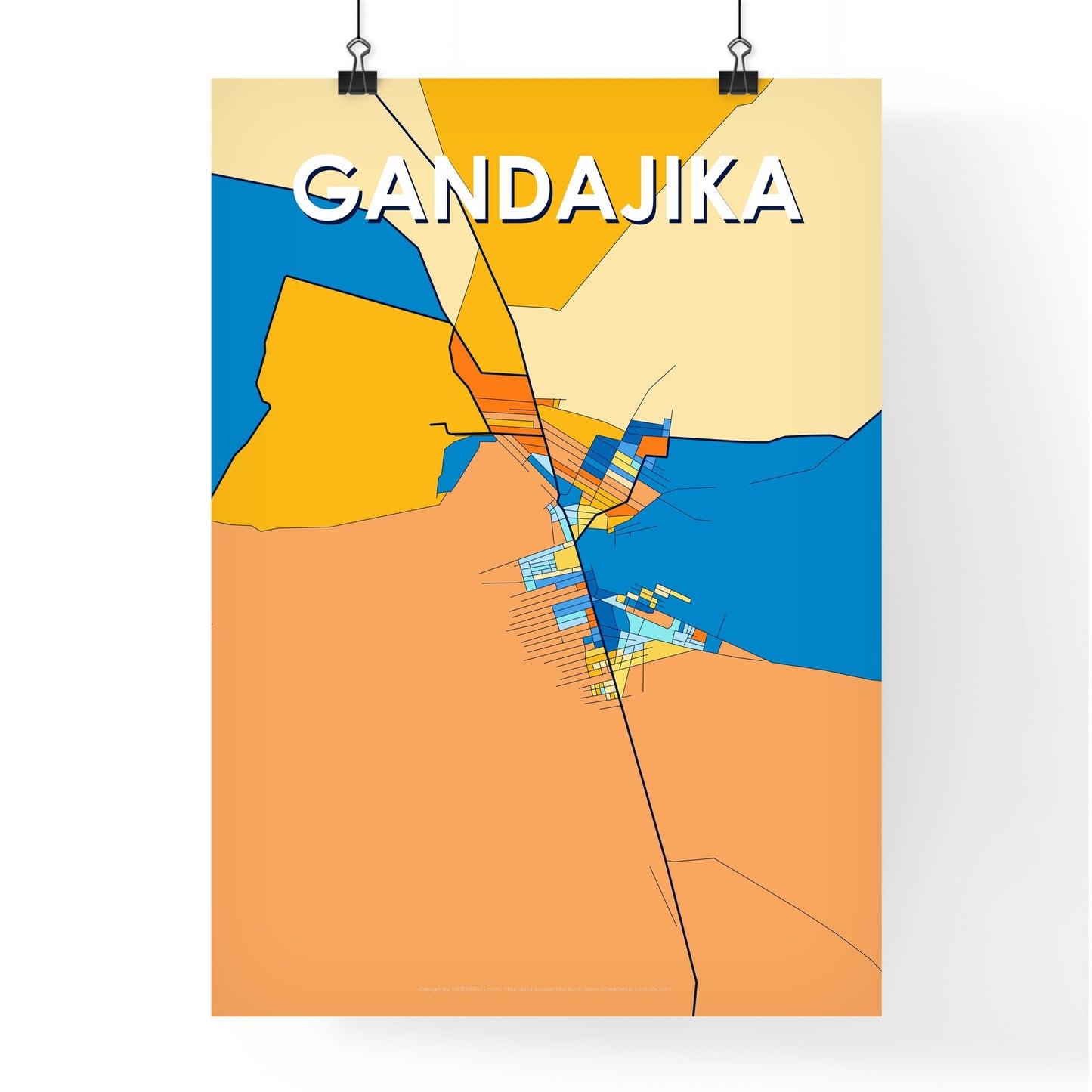 GANDAJIKA DR CONGO Vibrant Colorful Art Map Poster Blue Orange