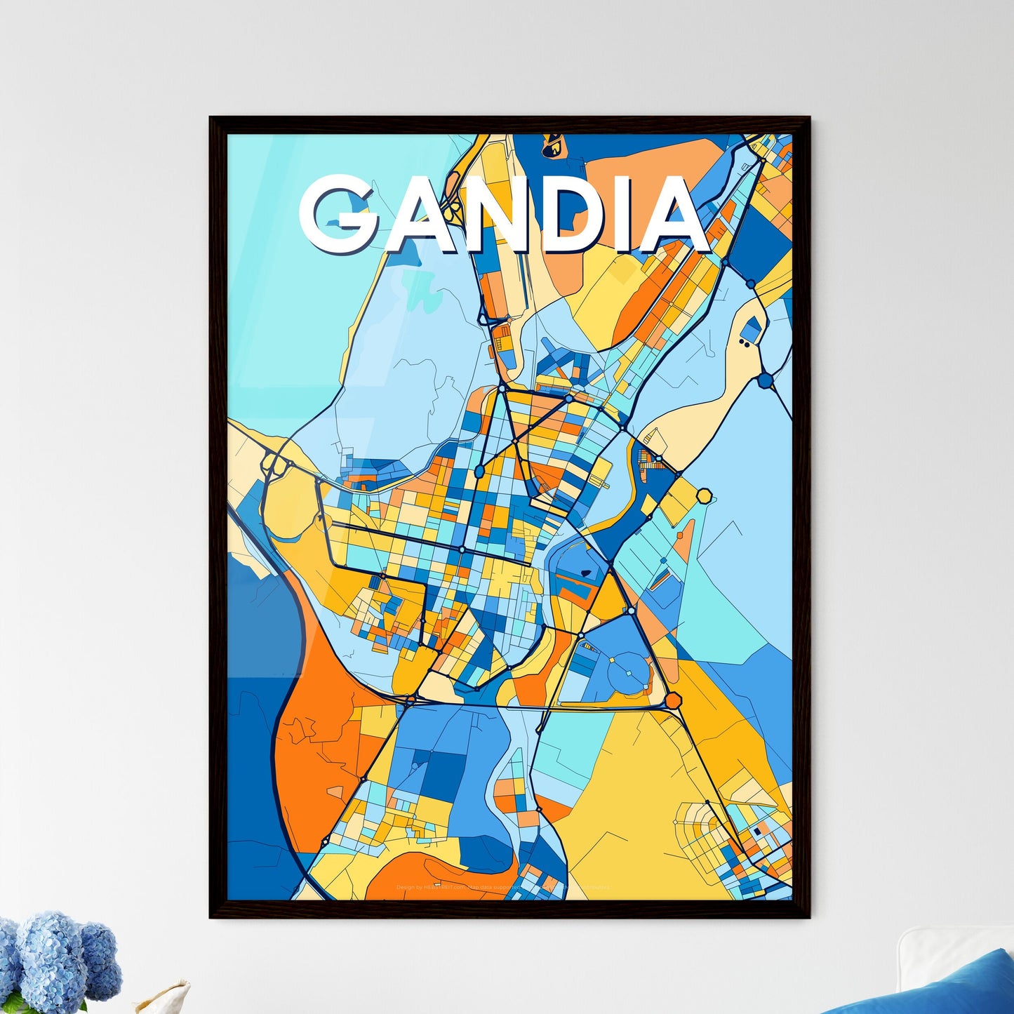 GANDIA SPAIN Vibrant Colorful Art Map Poster Blue Orange