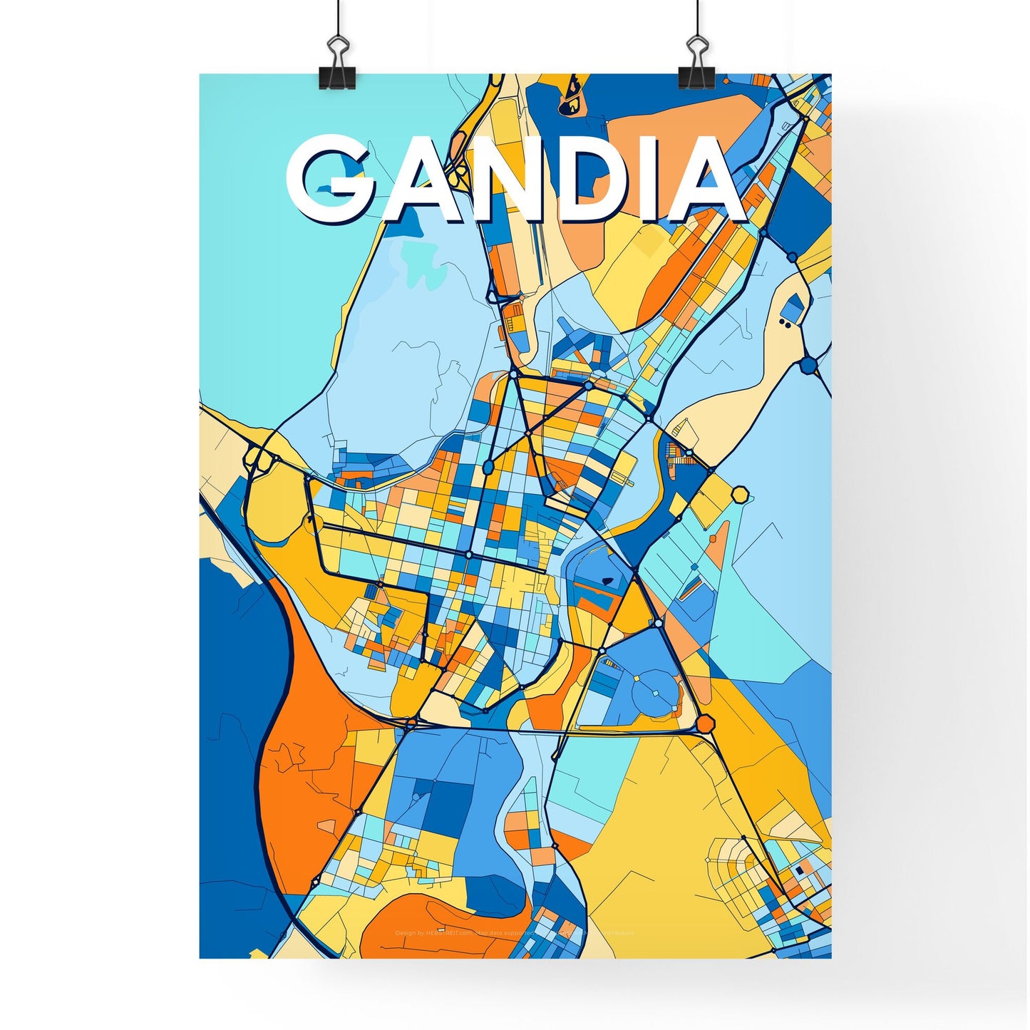 GANDIA SPAIN Vibrant Colorful Art Map Poster Blue Orange