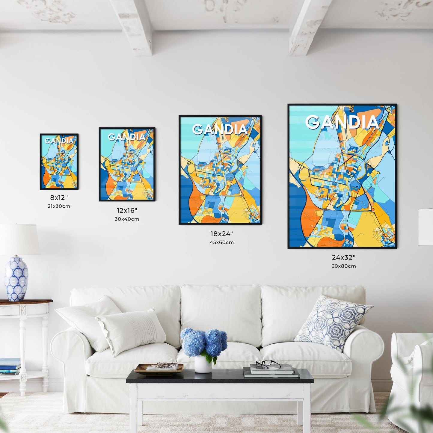 GANDIA SPAIN Vibrant Colorful Art Map Poster Blue Orange