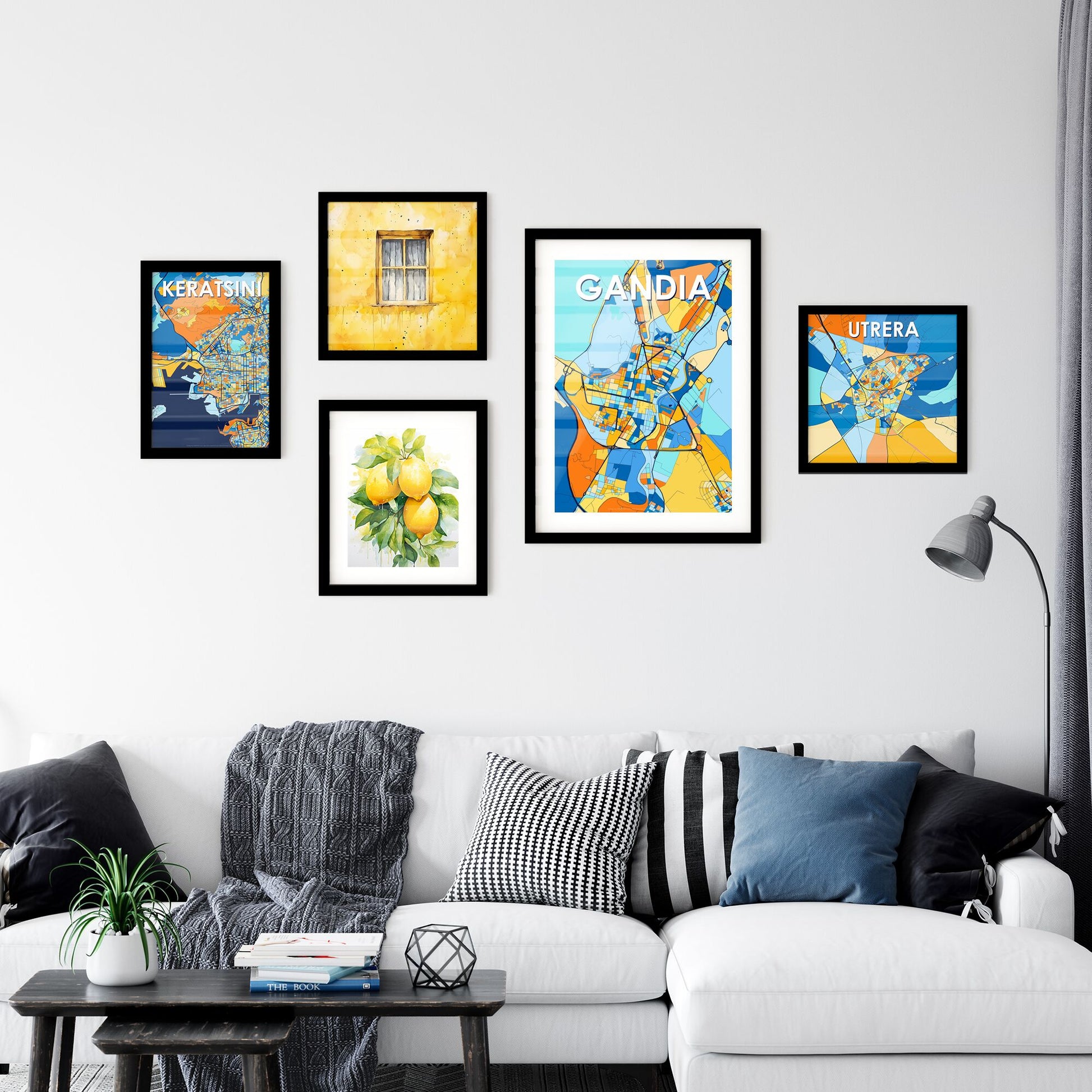 GANDIA SPAIN Vibrant Colorful Art Map Poster Blue Orange