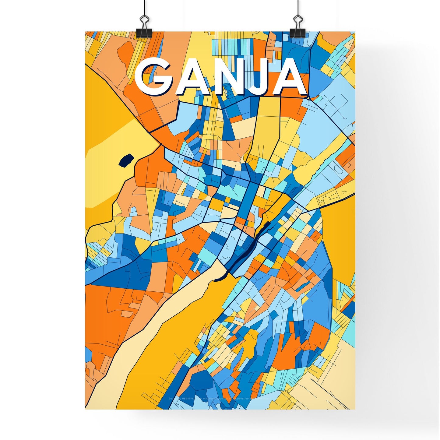 GANJA AZERBAIJAN Vibrant Colorful Art Map Poster Blue Orange