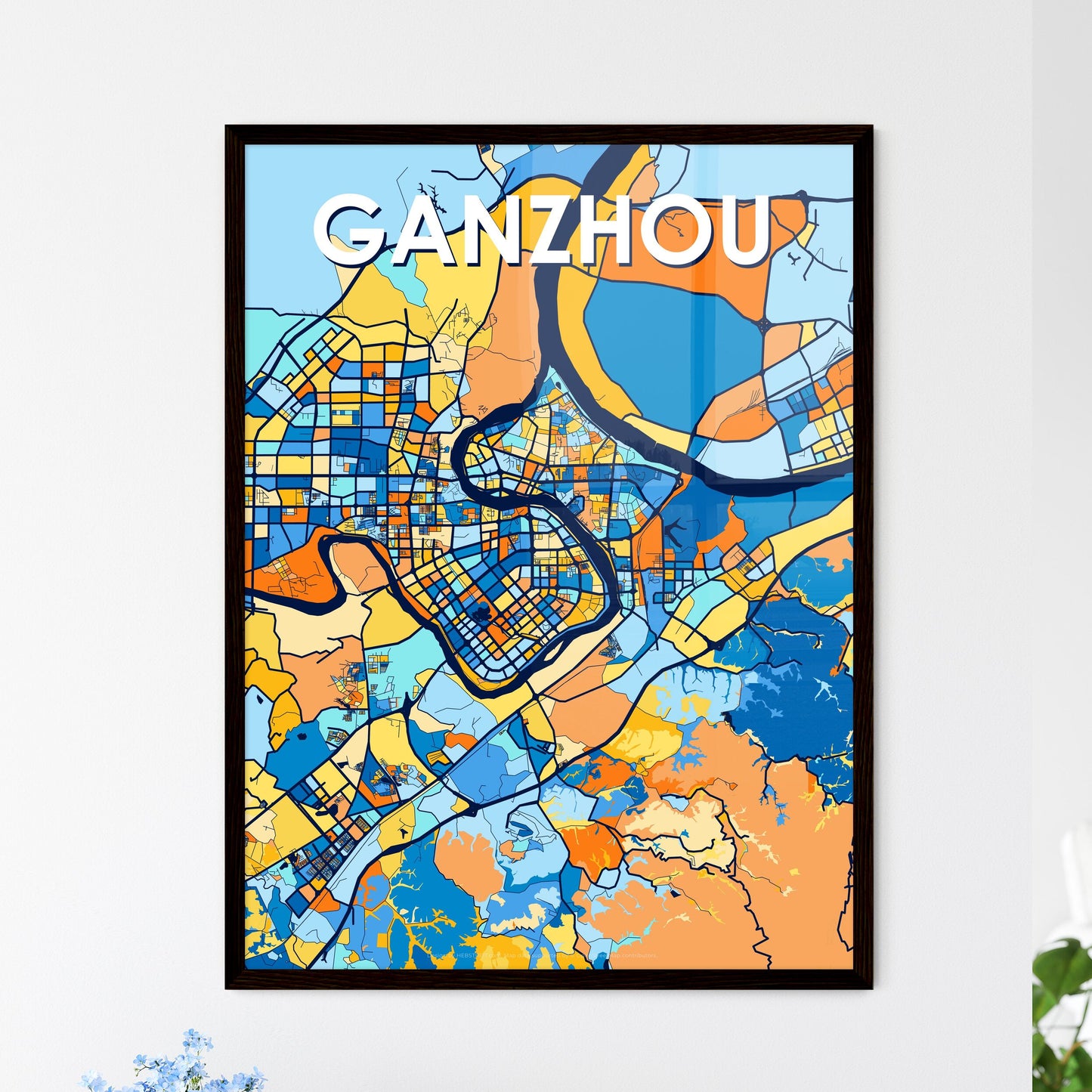 GANZHOU CHINA Vibrant Colorful Art Map Poster Blue Orange