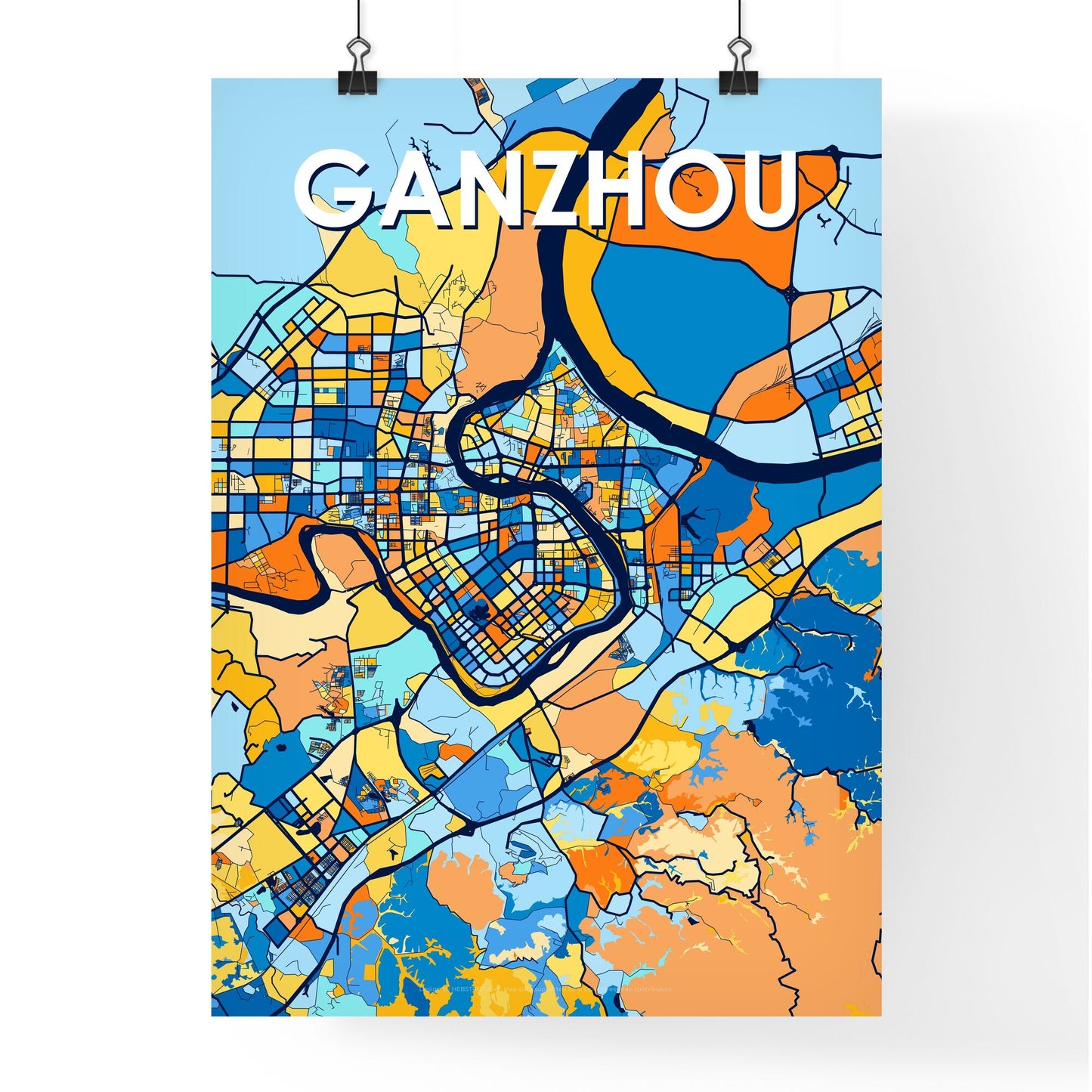 GANZHOU CHINA Vibrant Colorful Art Map Poster Blue Orange