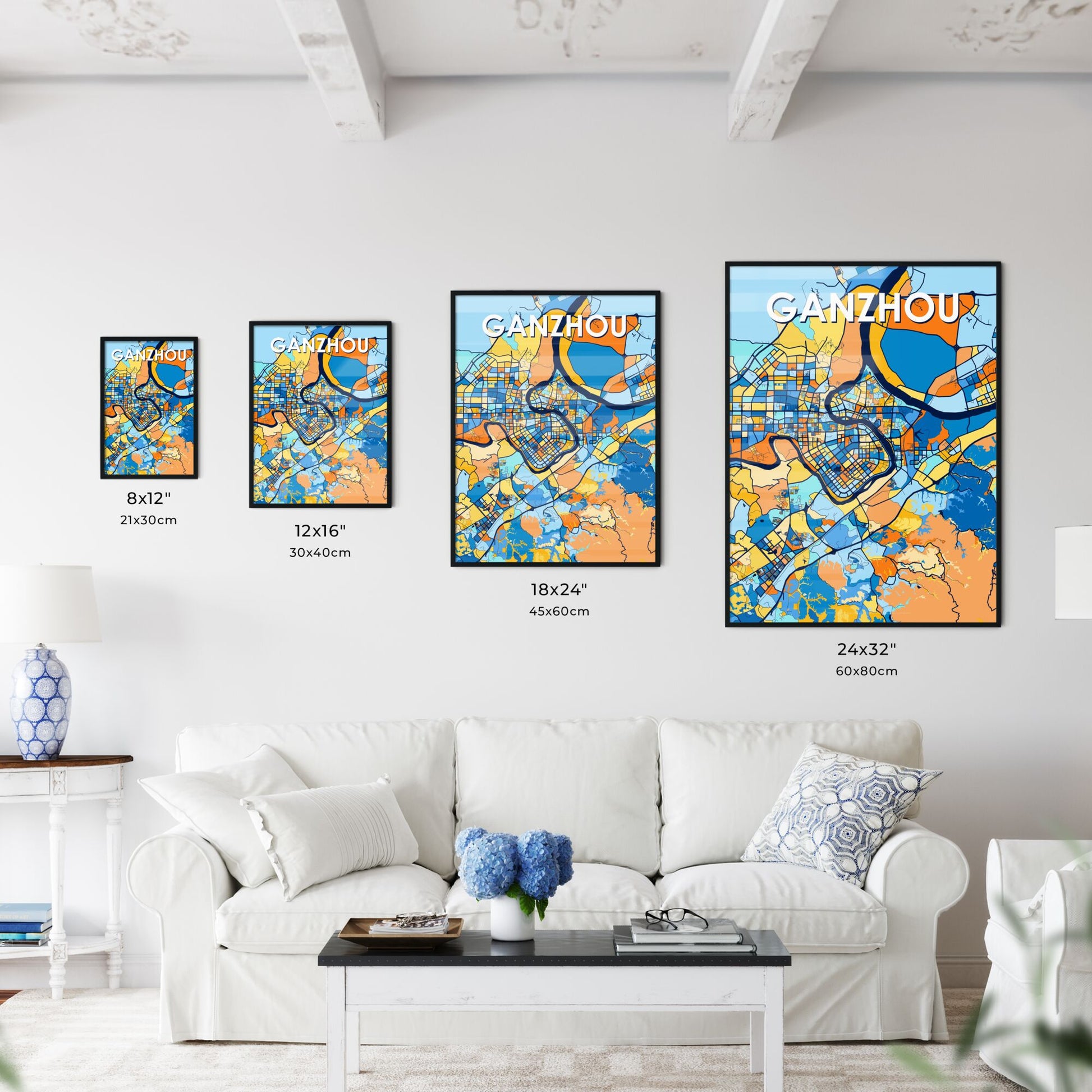 GANZHOU CHINA Vibrant Colorful Art Map Poster Blue Orange