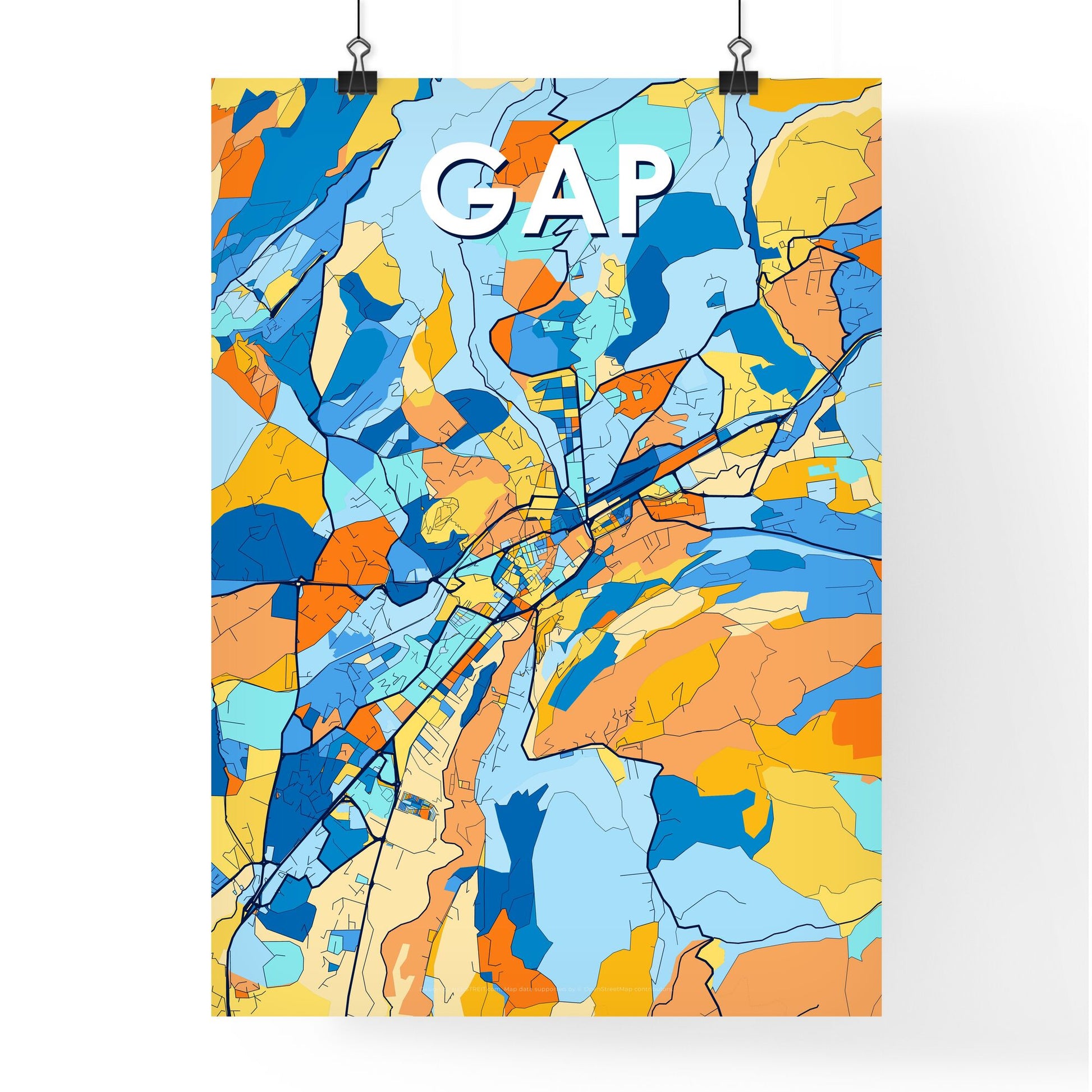 GAP FRANCE Vibrant Colorful Art Map Poster Blue Orange