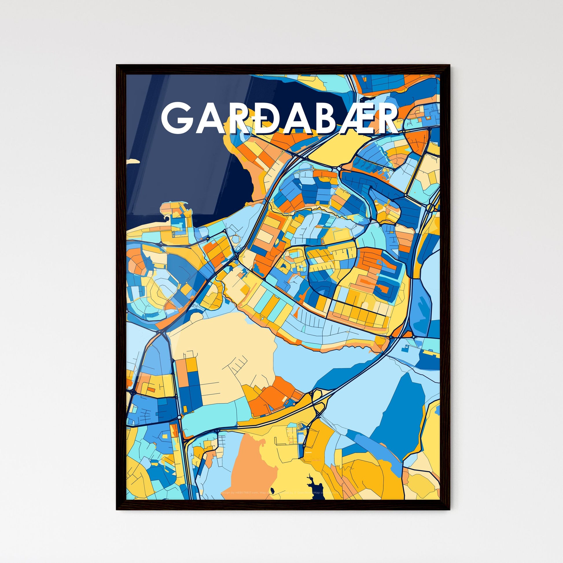 GARÐABÆR ICELAND Vibrant Colorful Art Map Poster Blue Orange