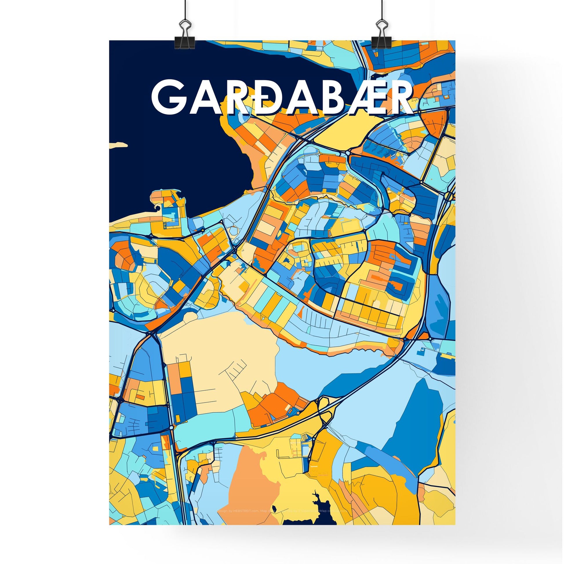 GARÐABÆR ICELAND Vibrant Colorful Art Map Poster Blue Orange